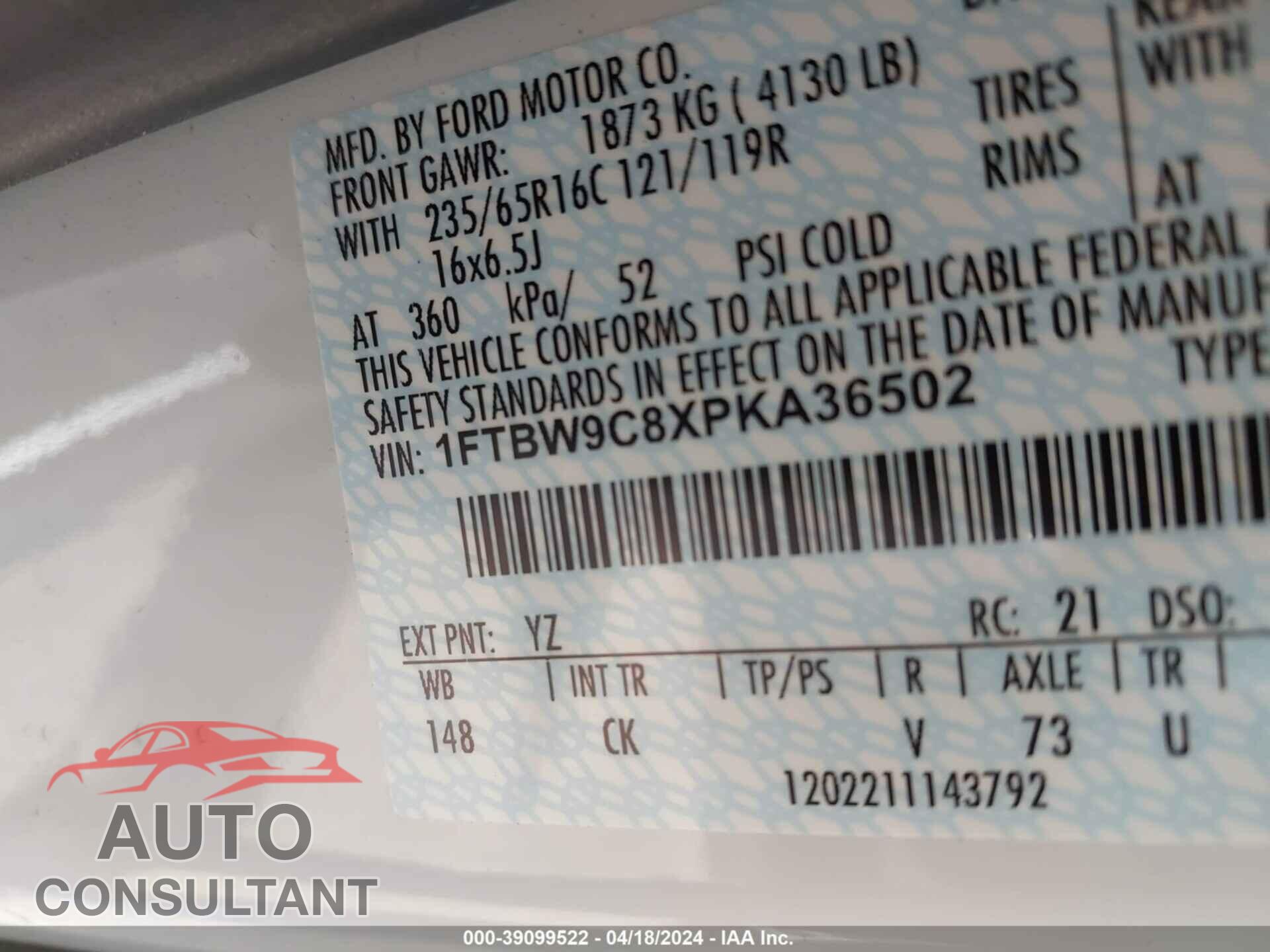FORD TRANSIT 2023 - 1FTBW9C8XPKA36502