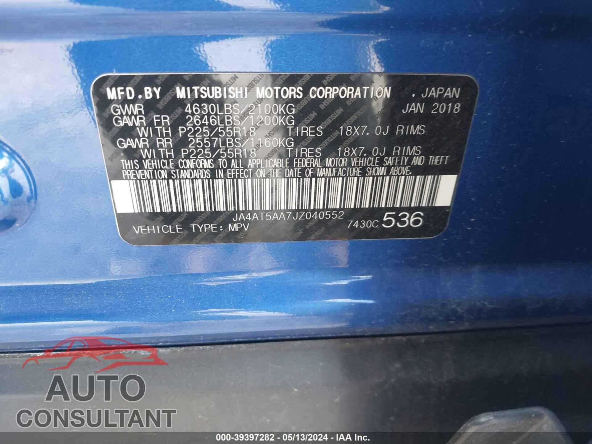 MITSUBISHI ECLIPSE CROSS 2018 - JA4AT5AA7JZ040552