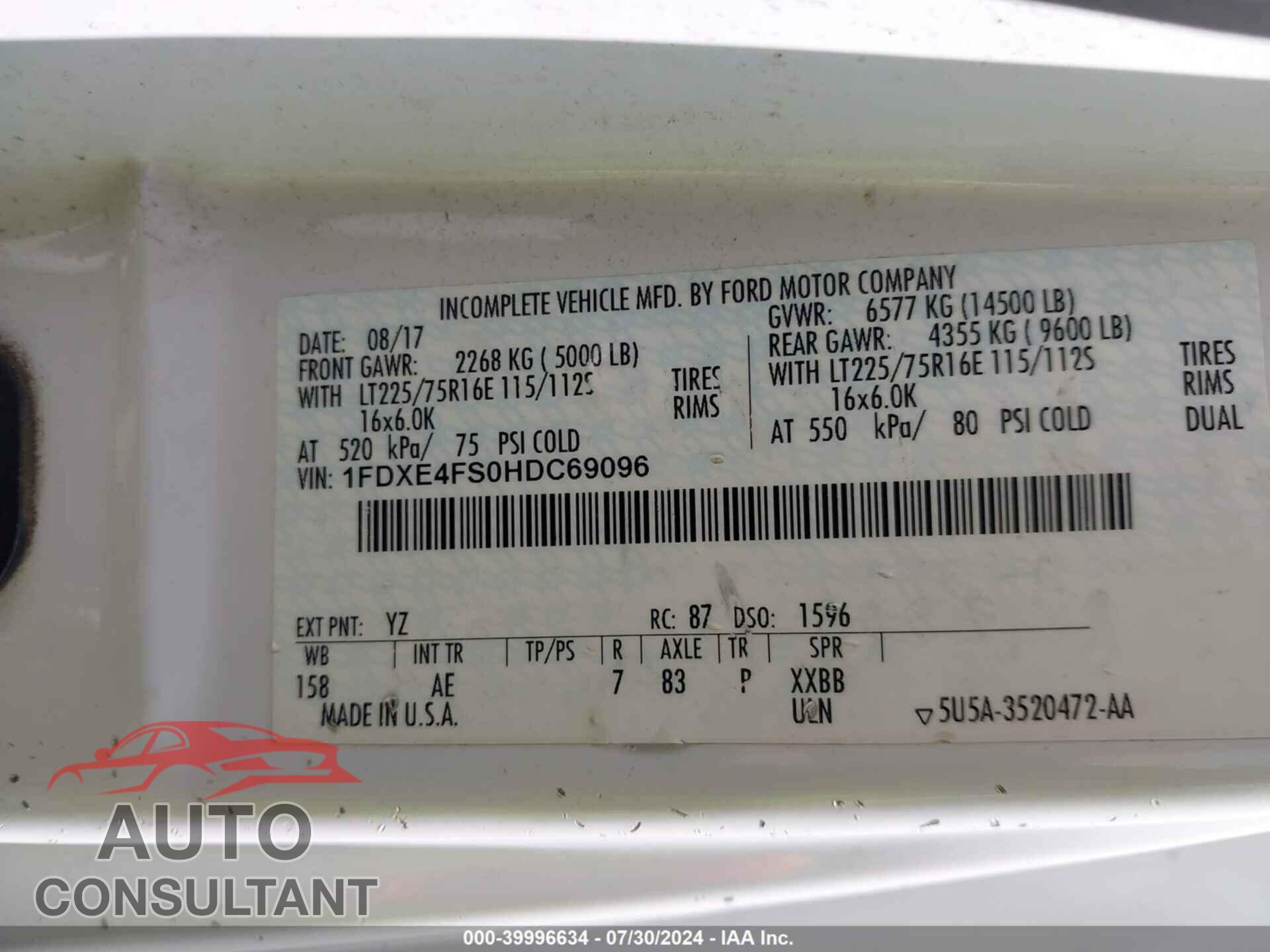 FORD E-450 CUTAWAY 2017 - 1FDXE4FS0HDC69096