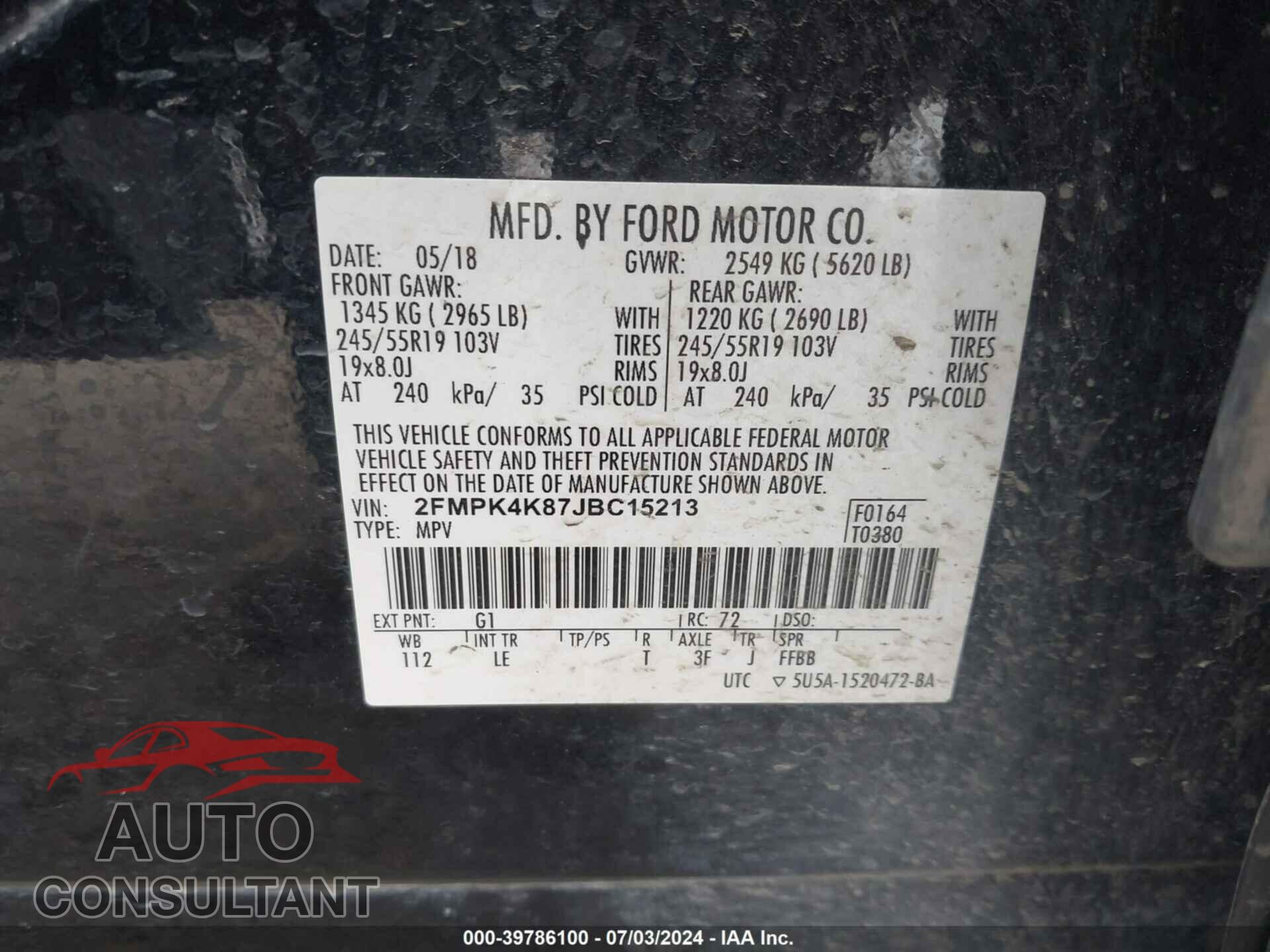 FORD EDGE 2018 - 2FMPK4K87JBC15213