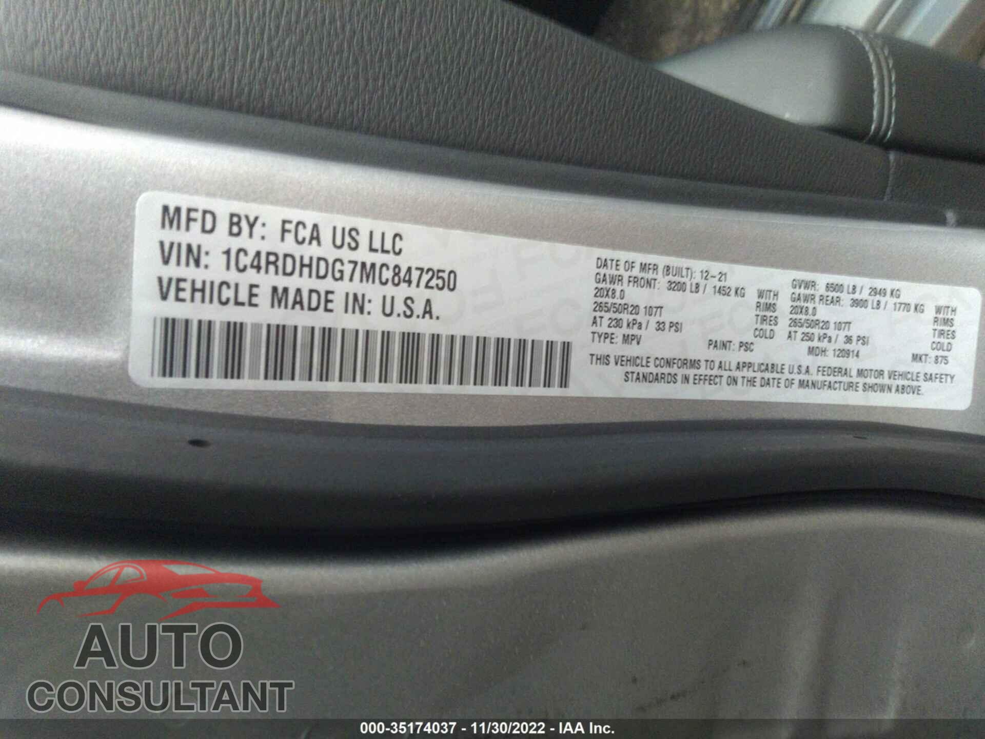DODGE DURANGO 2021 - 1C4RDHDG7MC847250