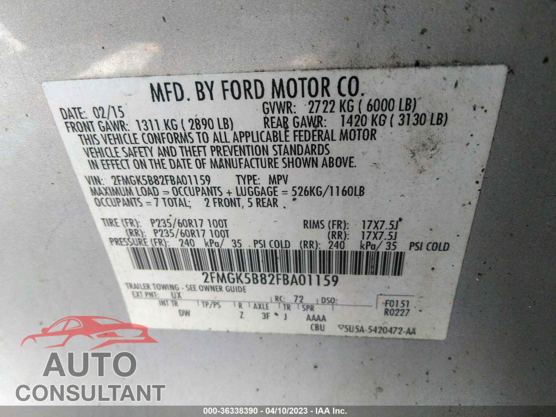 FORD FLEX 2015 - 2FMGK5B82FBA01159