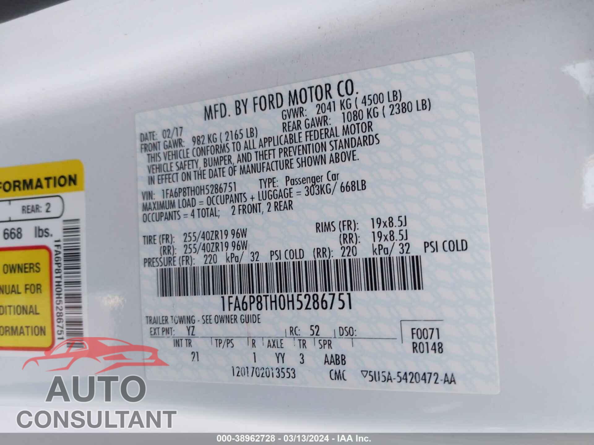 FORD MUSTANG 2017 - 1FA6P8TH0H5286751