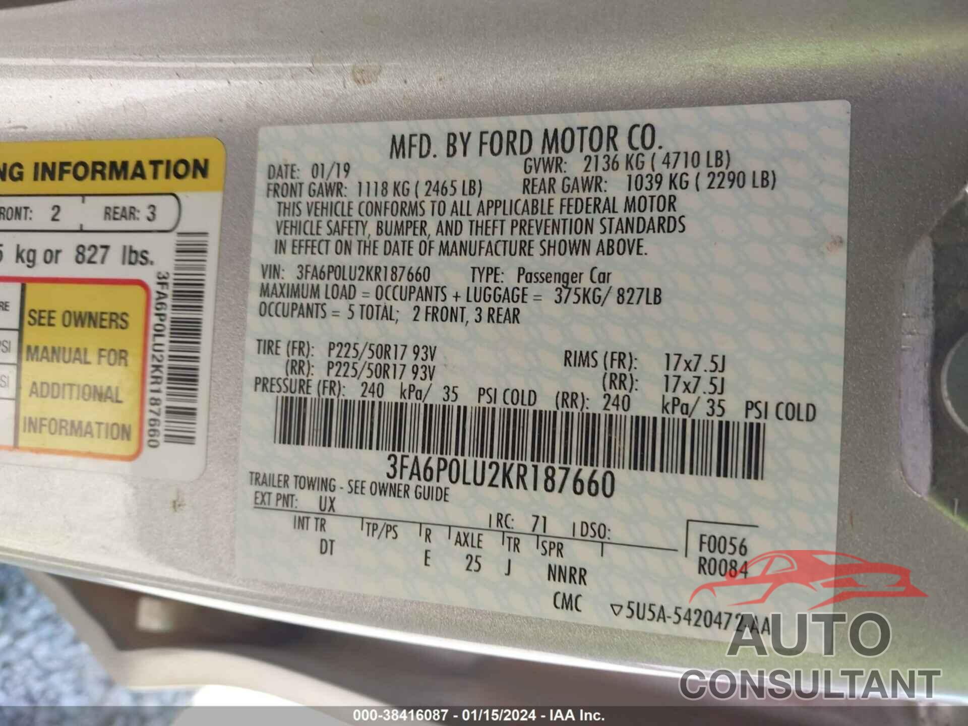 FORD FUSION HYBRID 2019 - 3FA6P0LU2KR187660