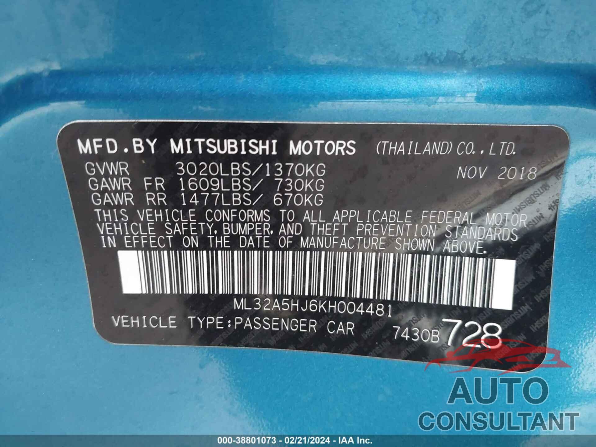 MITSUBISHI MIRAGE 2019 - ML32A5HJ6KH004481