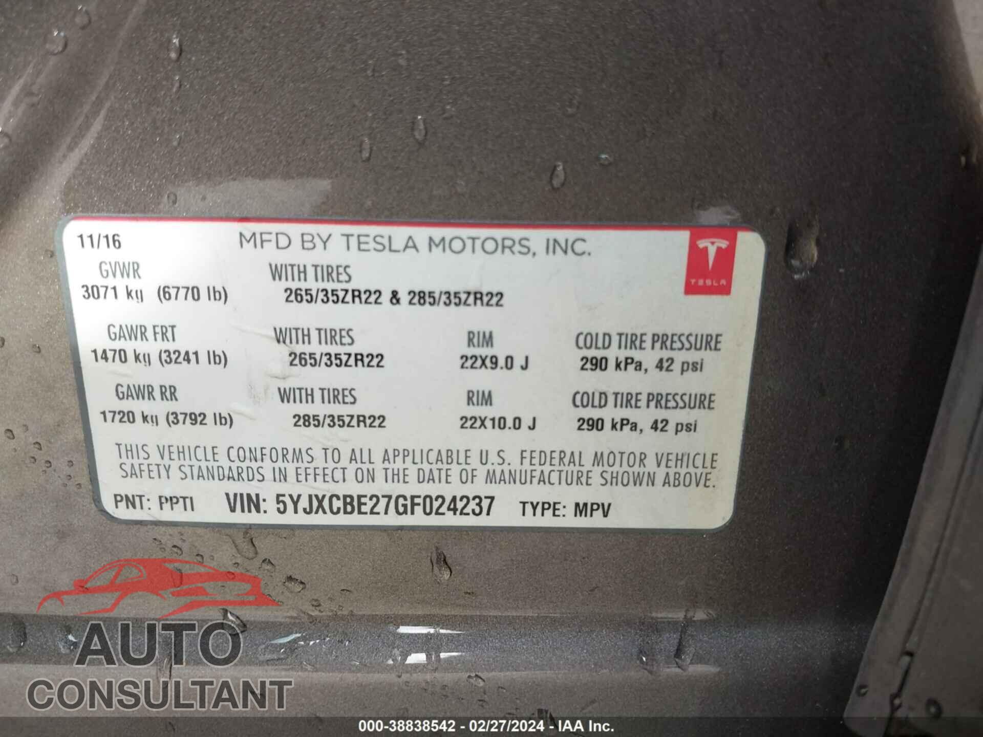 TESLA MODEL X 2016 - 5YJXCBE27GF024237