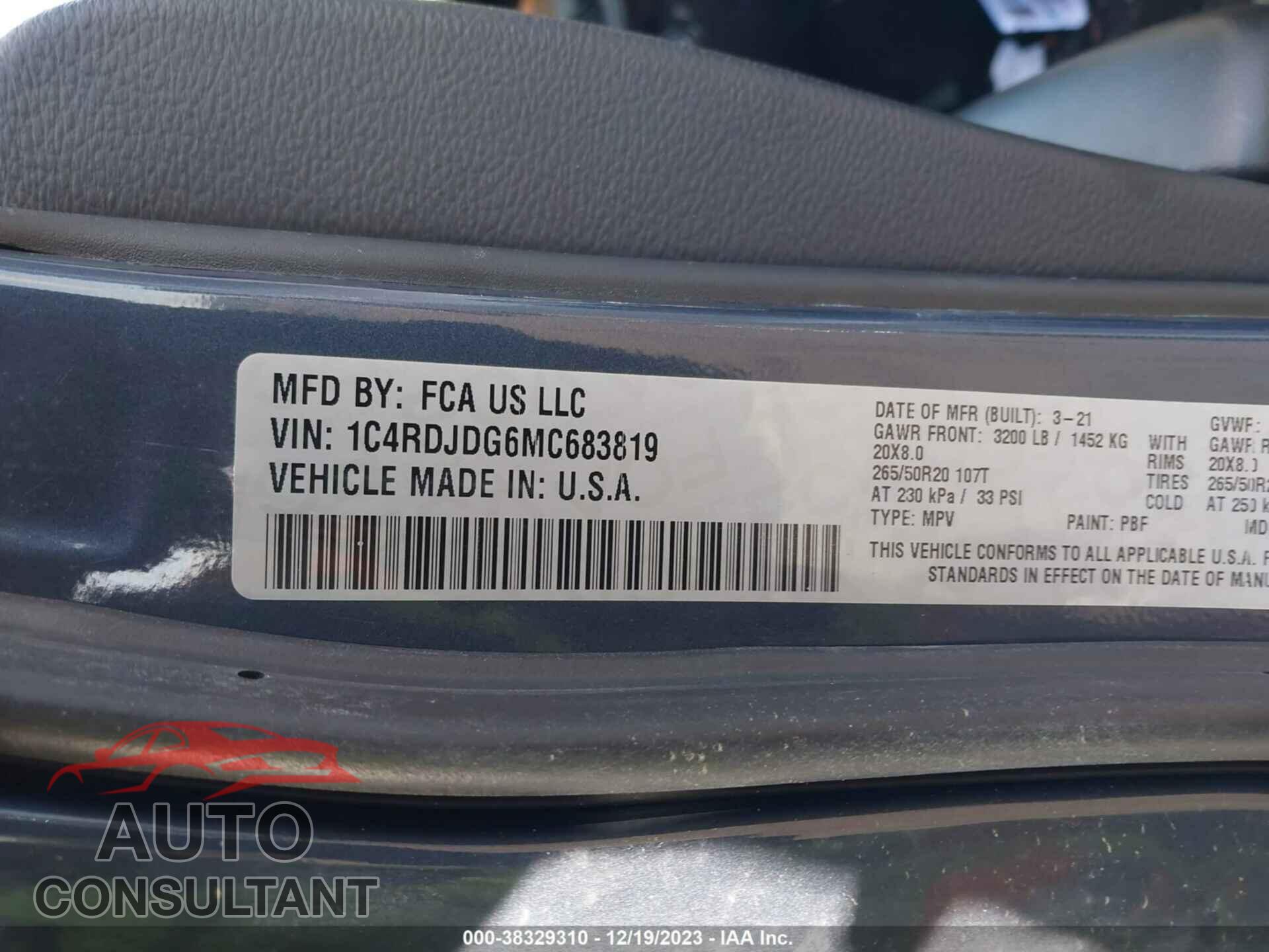 DODGE DURANGO 2021 - 1C4RDJDG6MC683819