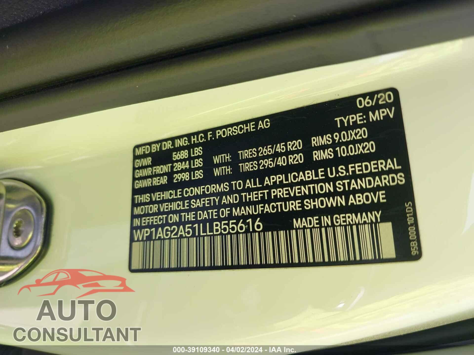 PORSCHE MACAN 2020 - WP1AG2A51LLB55616