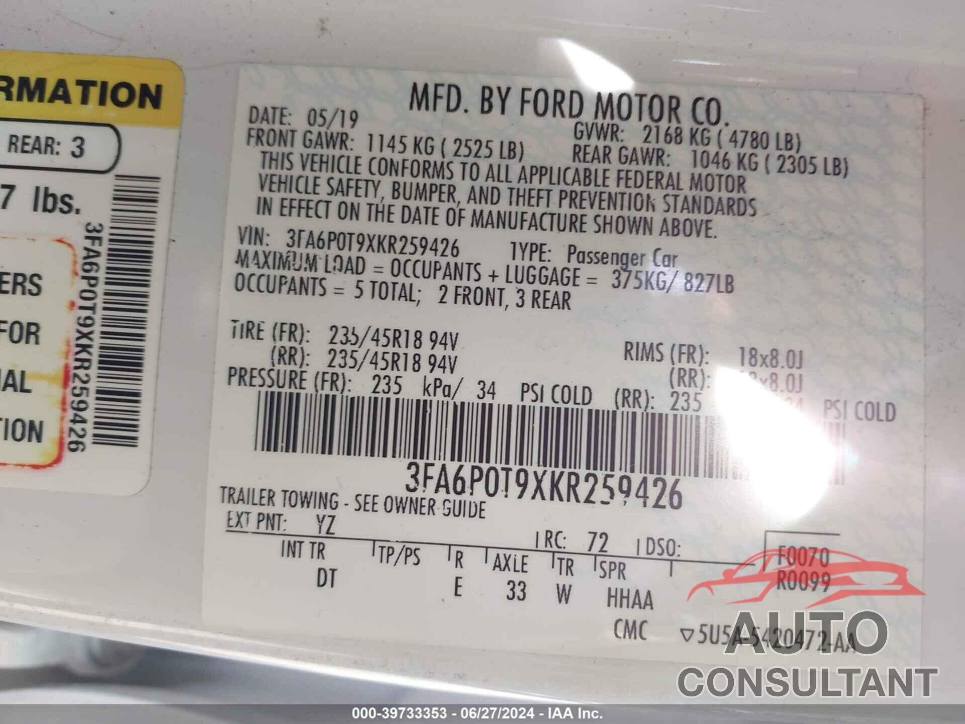 FORD FUSION 2019 - 3FA6P0T9XKR259426