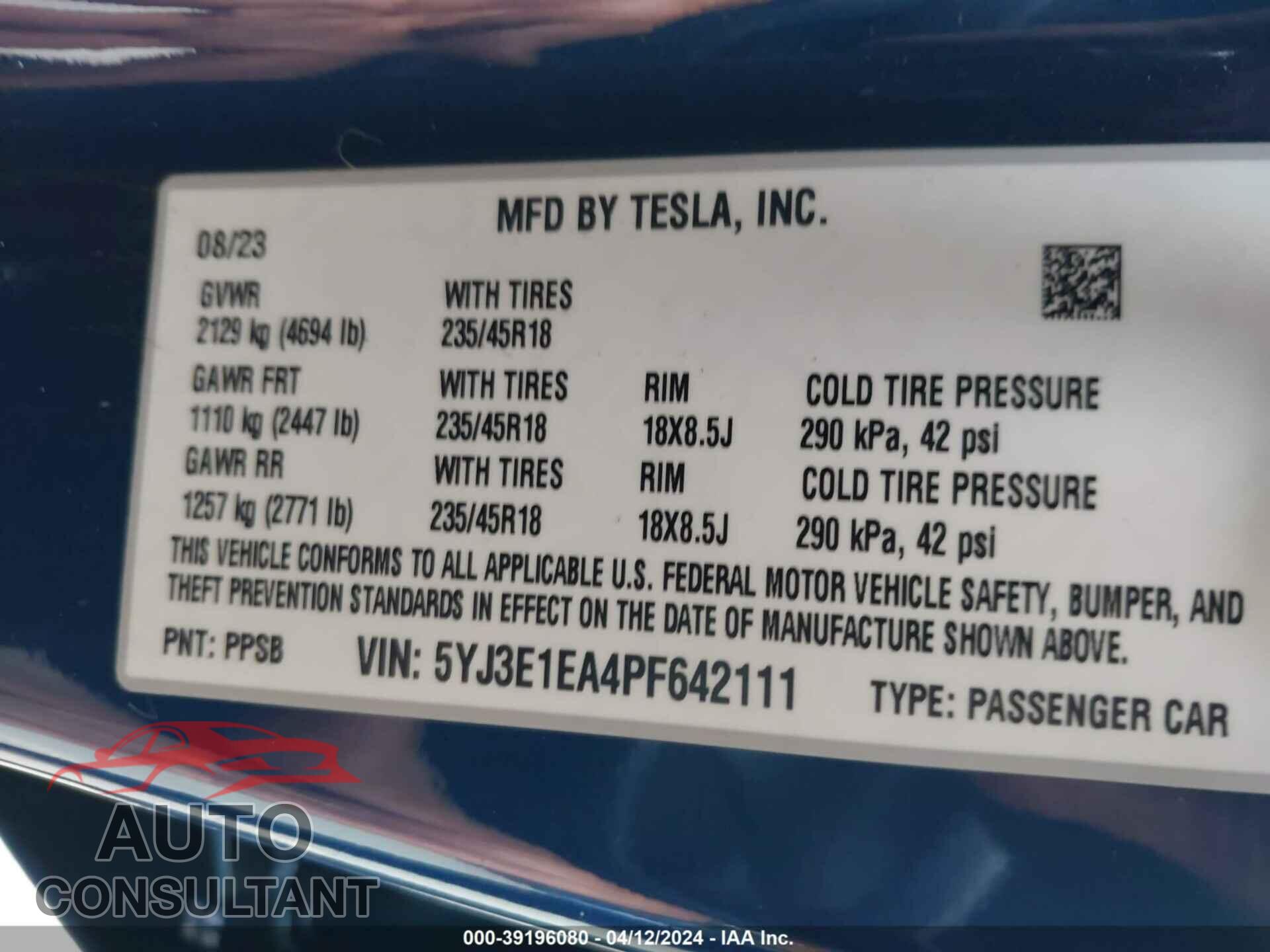 TESLA MODEL 3 2023 - 5YJ3E1EA4PF642111