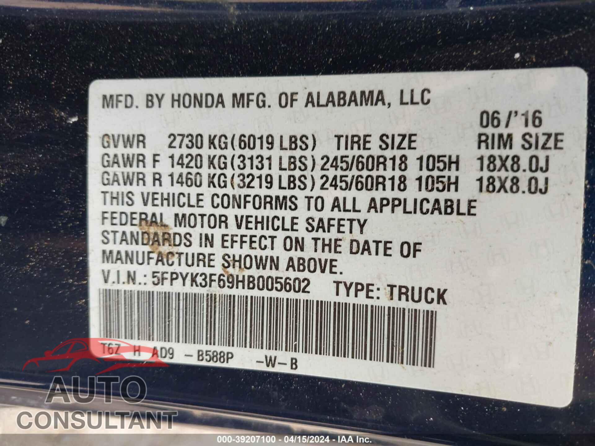 HONDA RIDGELINE 2017 - 5FPYK3F69HB005602