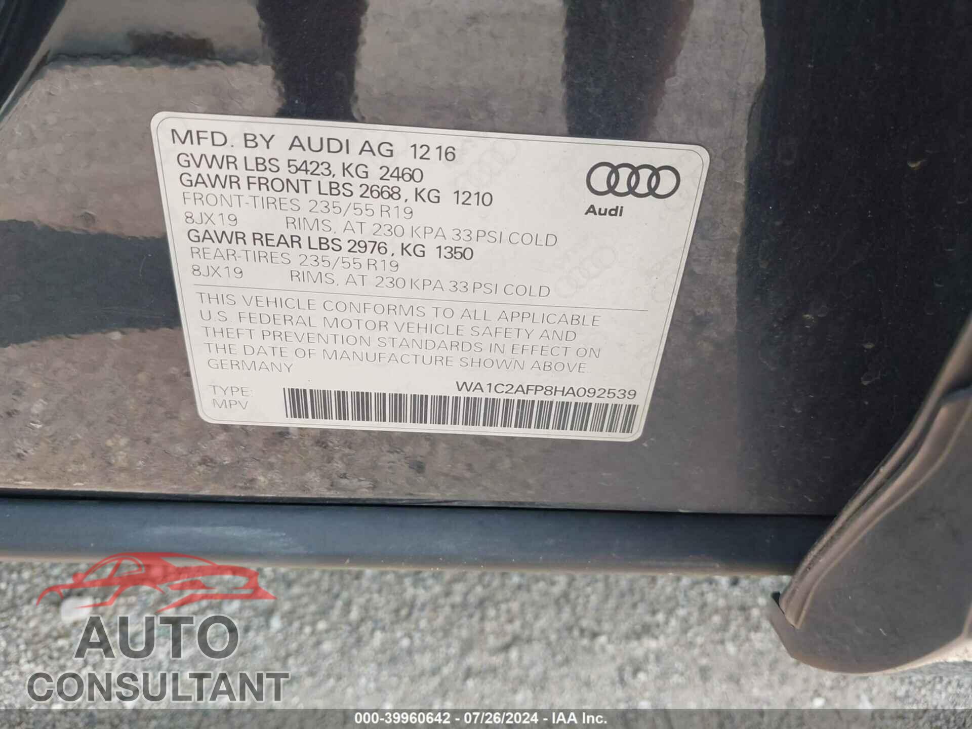 AUDI Q5 2017 - WA1C2AFP8HA092539