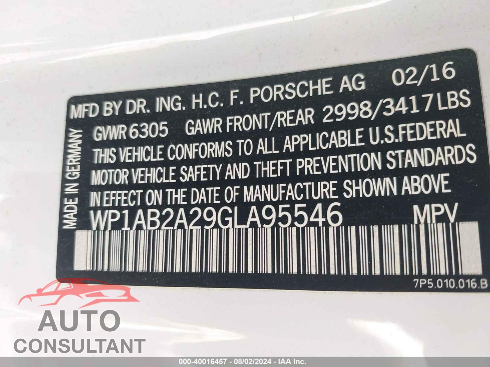 PORSCHE CAYENNE 2016 - WP1AB2A29GLA95546