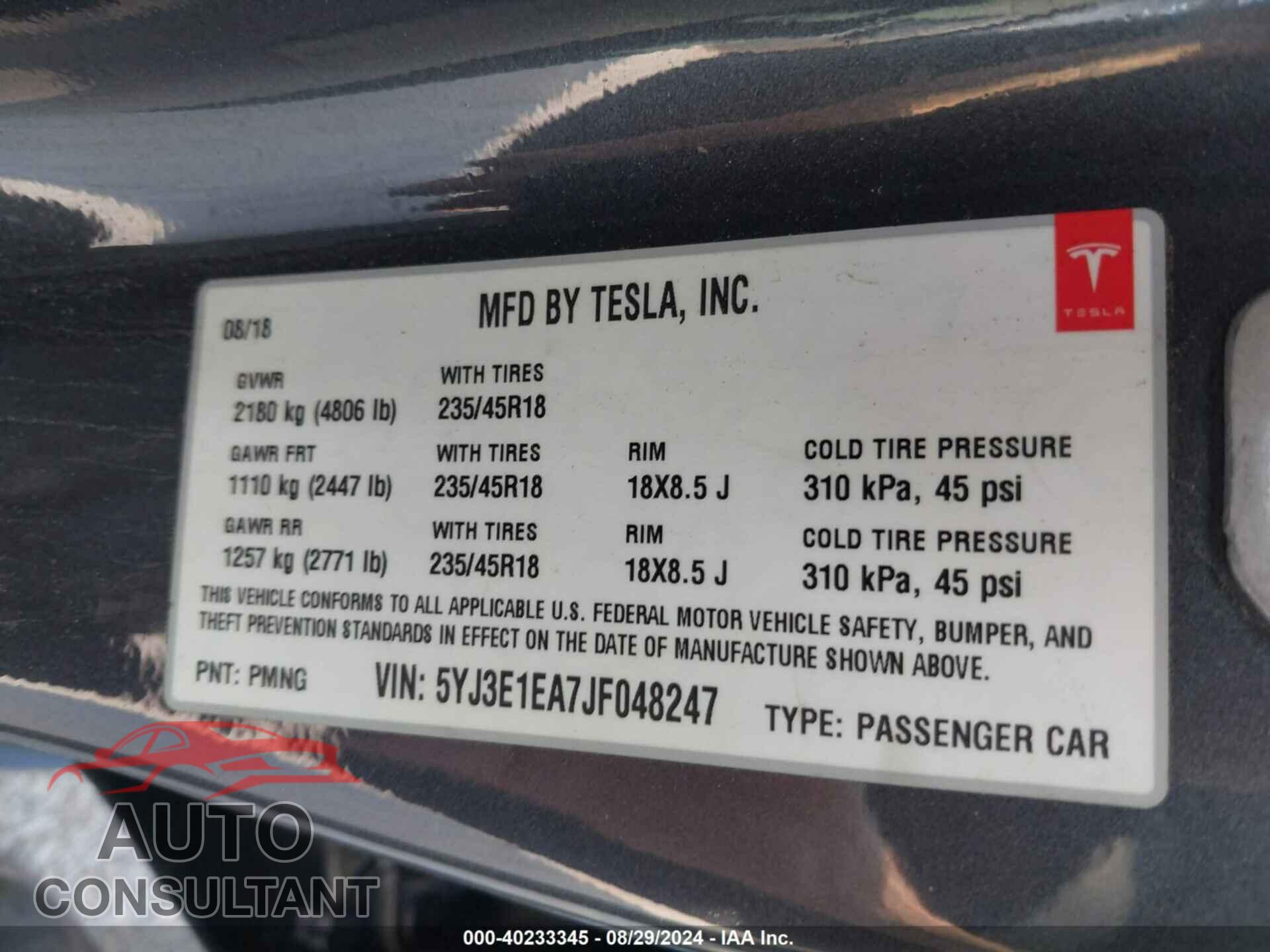 TESLA MODEL 3 2018 - 5YJ3E1EA7JF048247