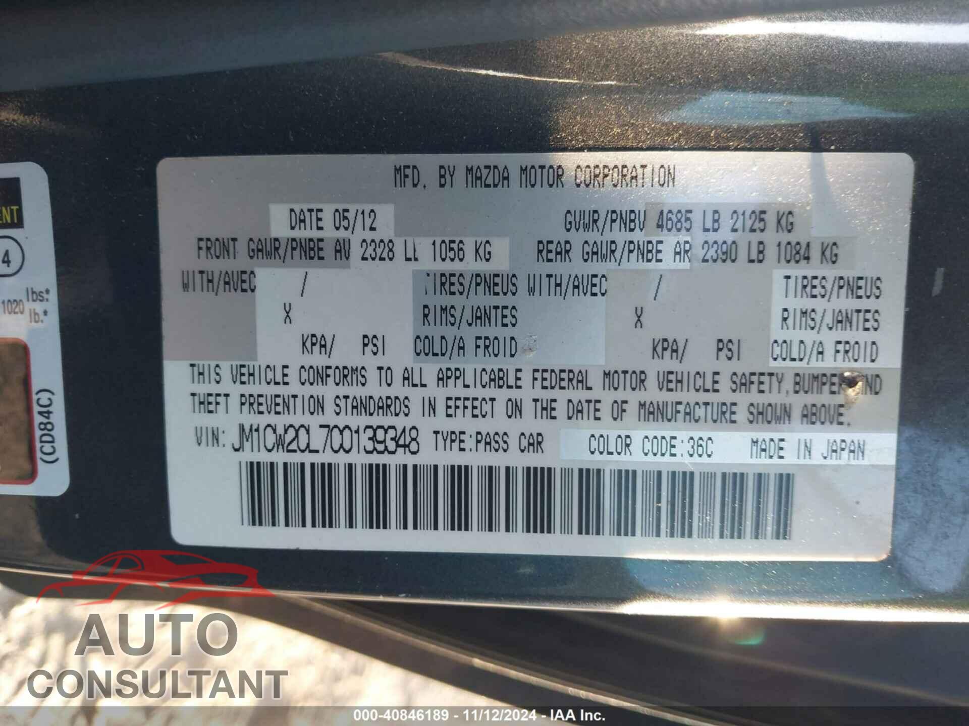 MAZDA MAZDA5 2012 - JM1CW2CL7C0139348