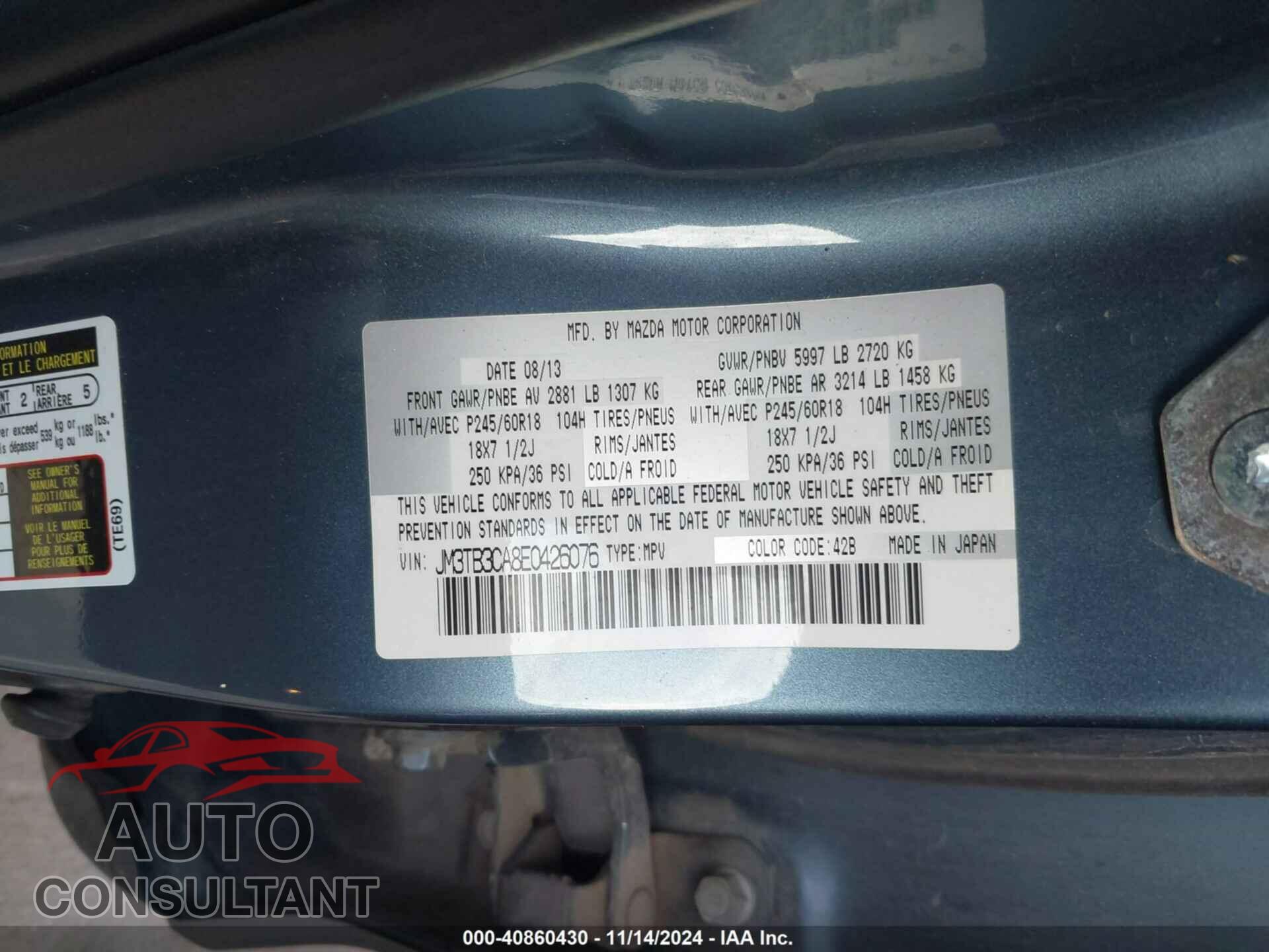 MAZDA CX-9 2014 - JM3TB3CA8E0426076