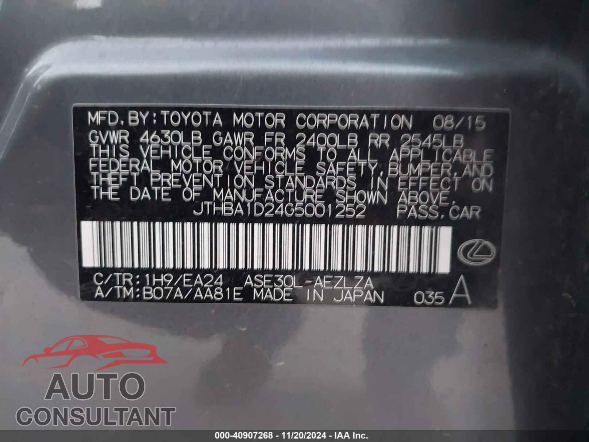 LEXUS IS 200T 2016 - JTHBA1D24G5001252
