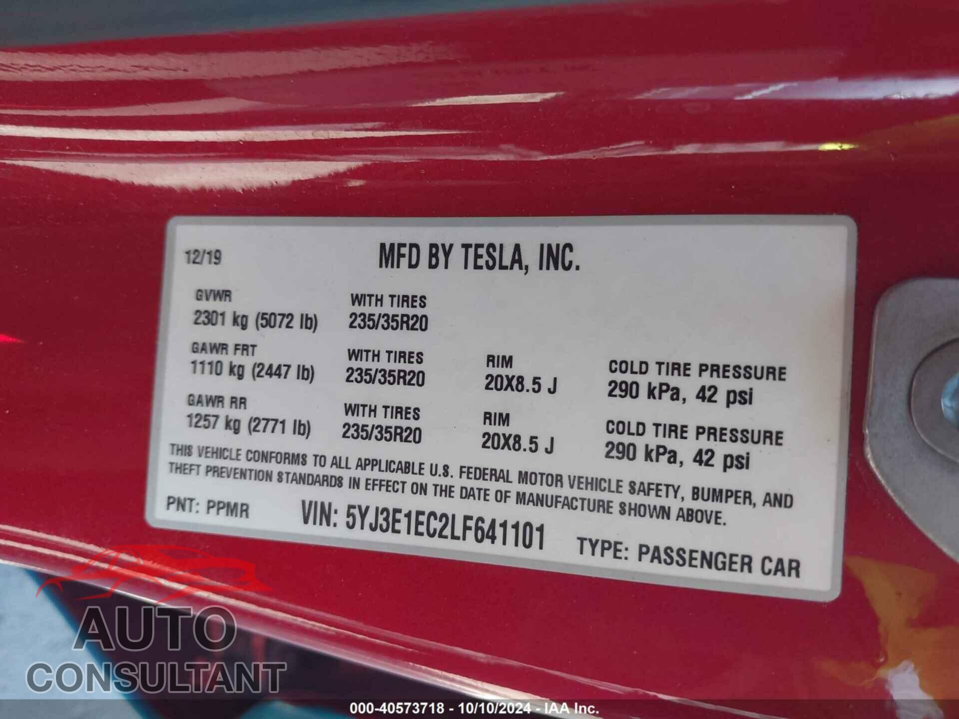 TESLA MODEL 3 2020 - 5YJ3E1EC2LF641101
