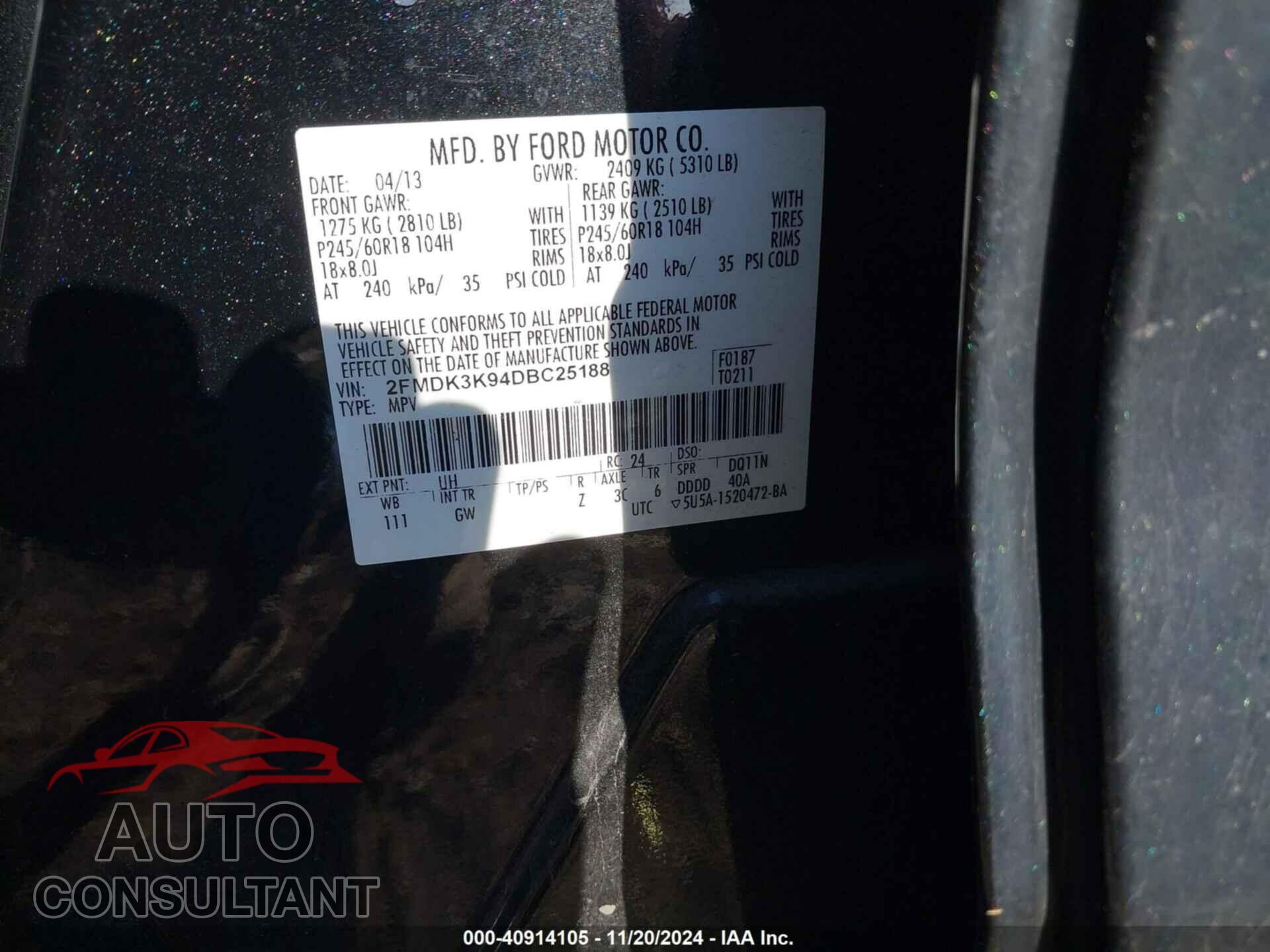 FORD EDGE 2013 - 2FMDK3K94DBC25188
