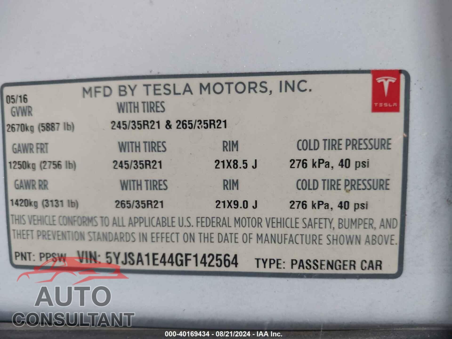 TESLA MODEL S 2016 - 5YJSA1E44GF142564