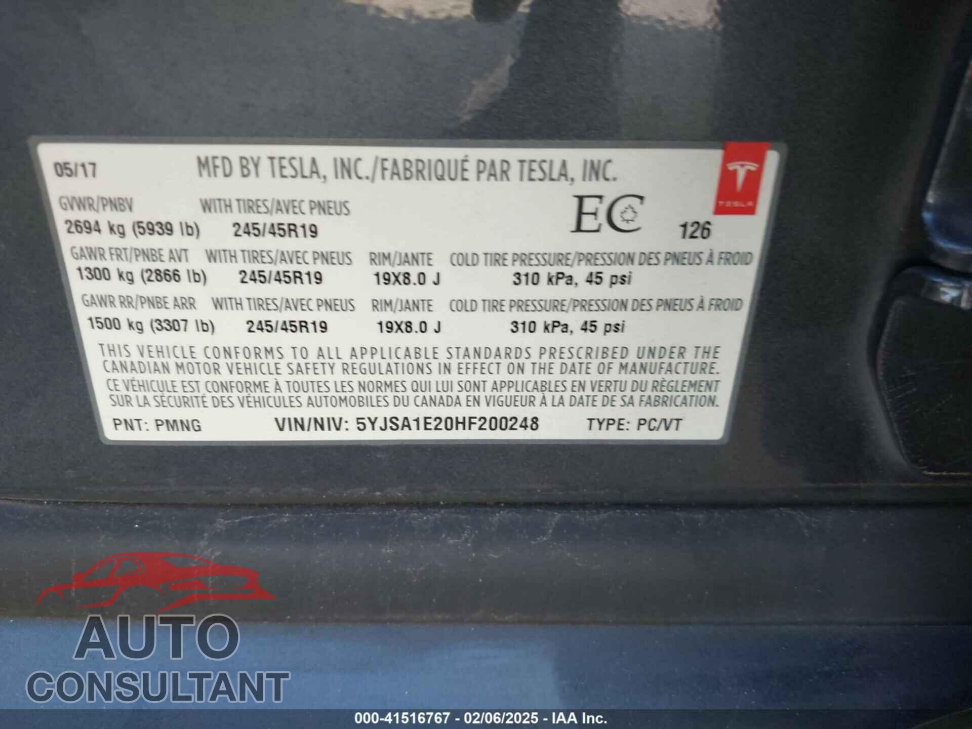 TESLA MODEL S 2017 - 5YJSA1E20HF200248