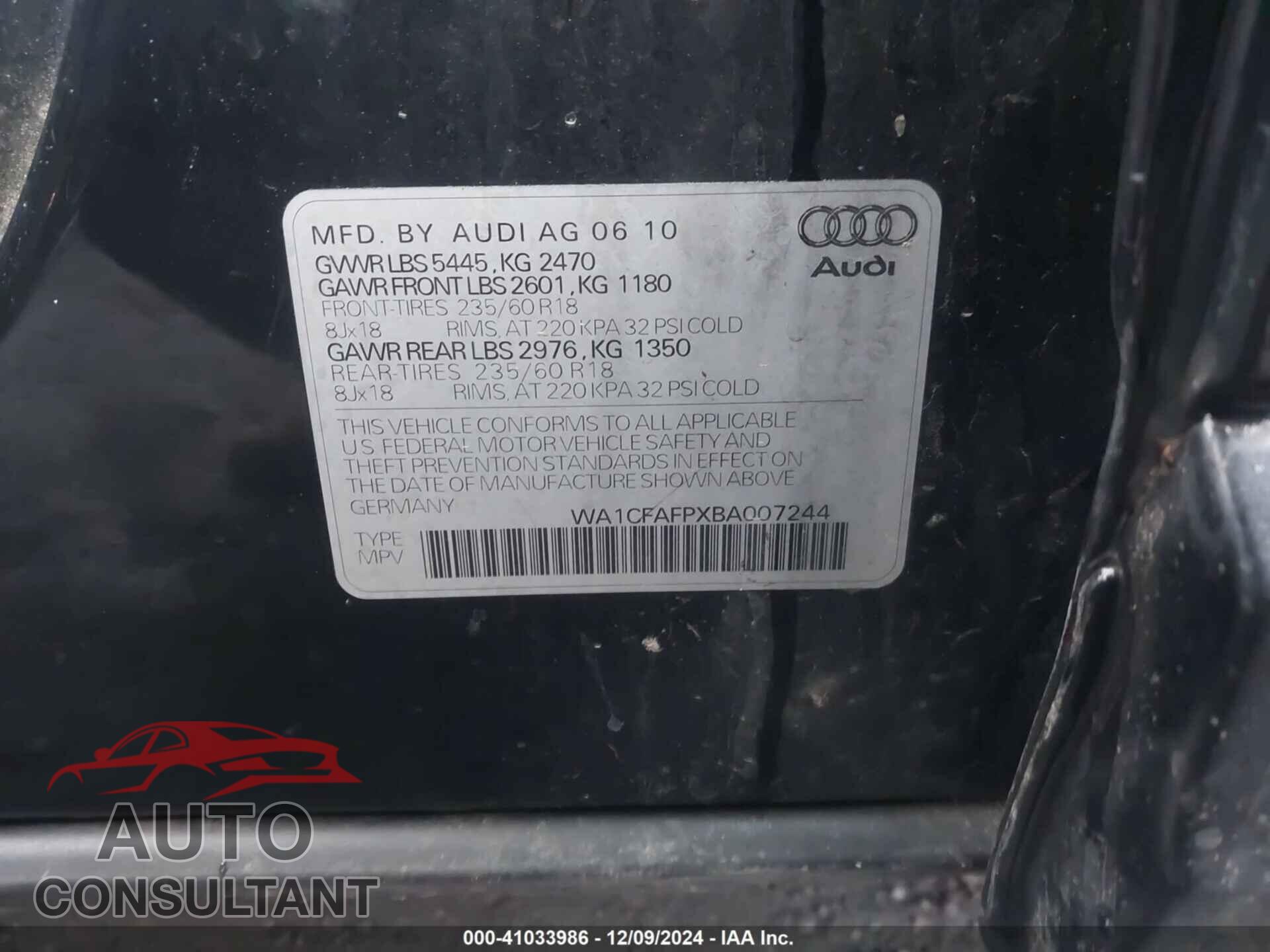 AUDI Q5 2011 - WA1CFAFPXBA007244