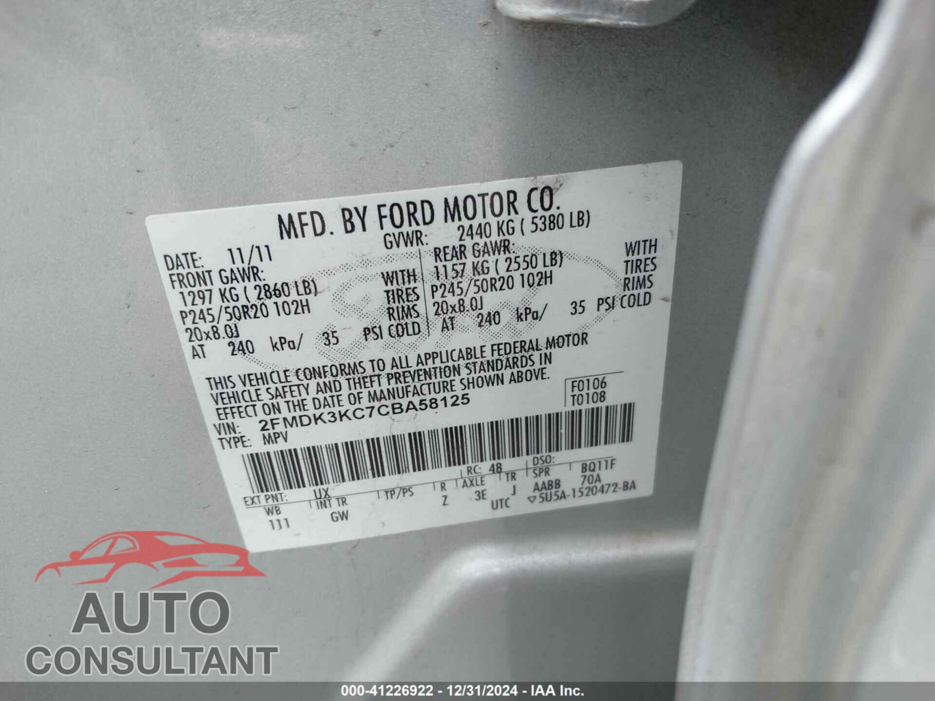 FORD EDGE 2012 - 2FMDK3KC7CBA58125