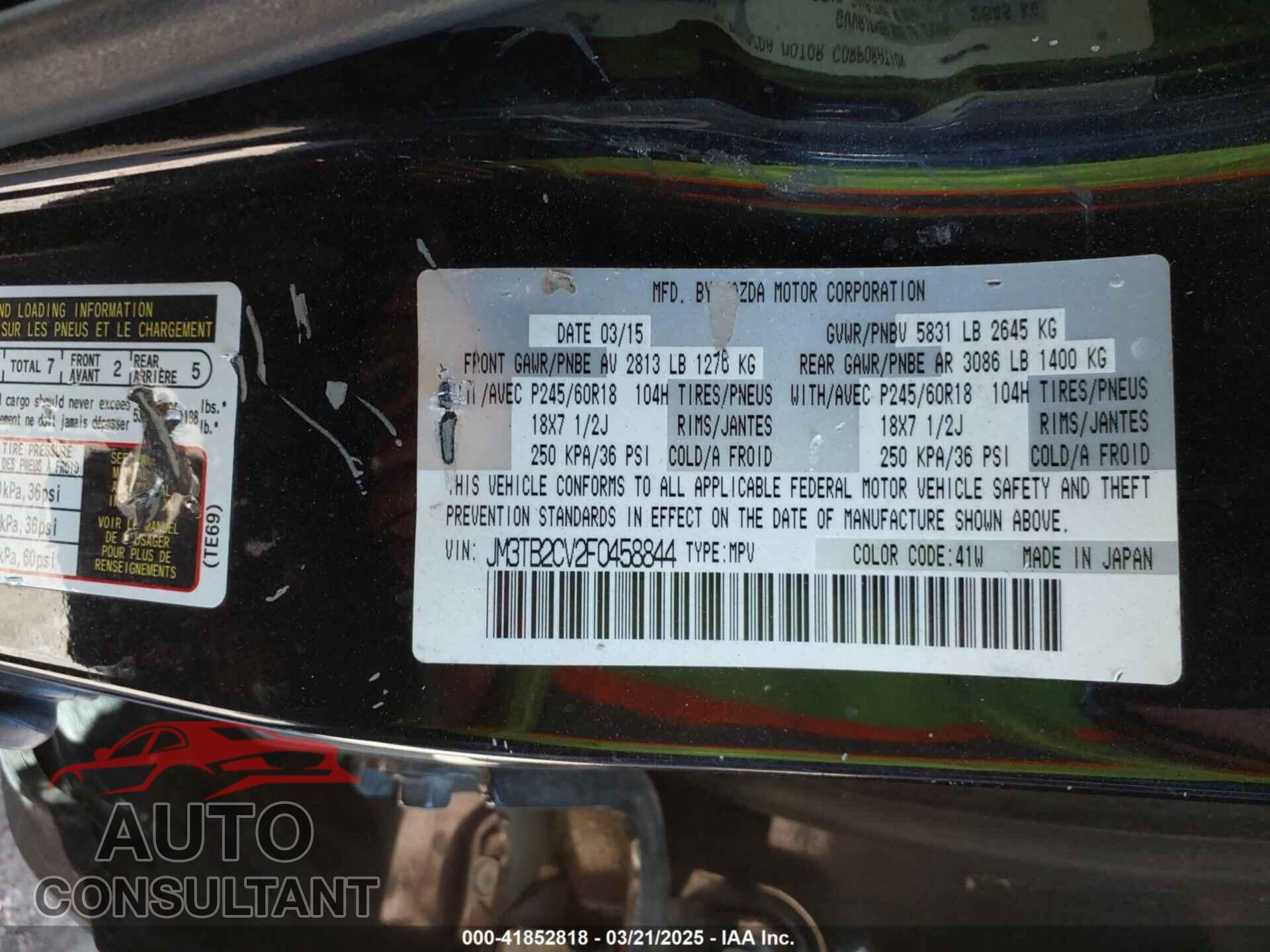 MAZDA CX-9 2015 - JM3TB2CV2F0458844