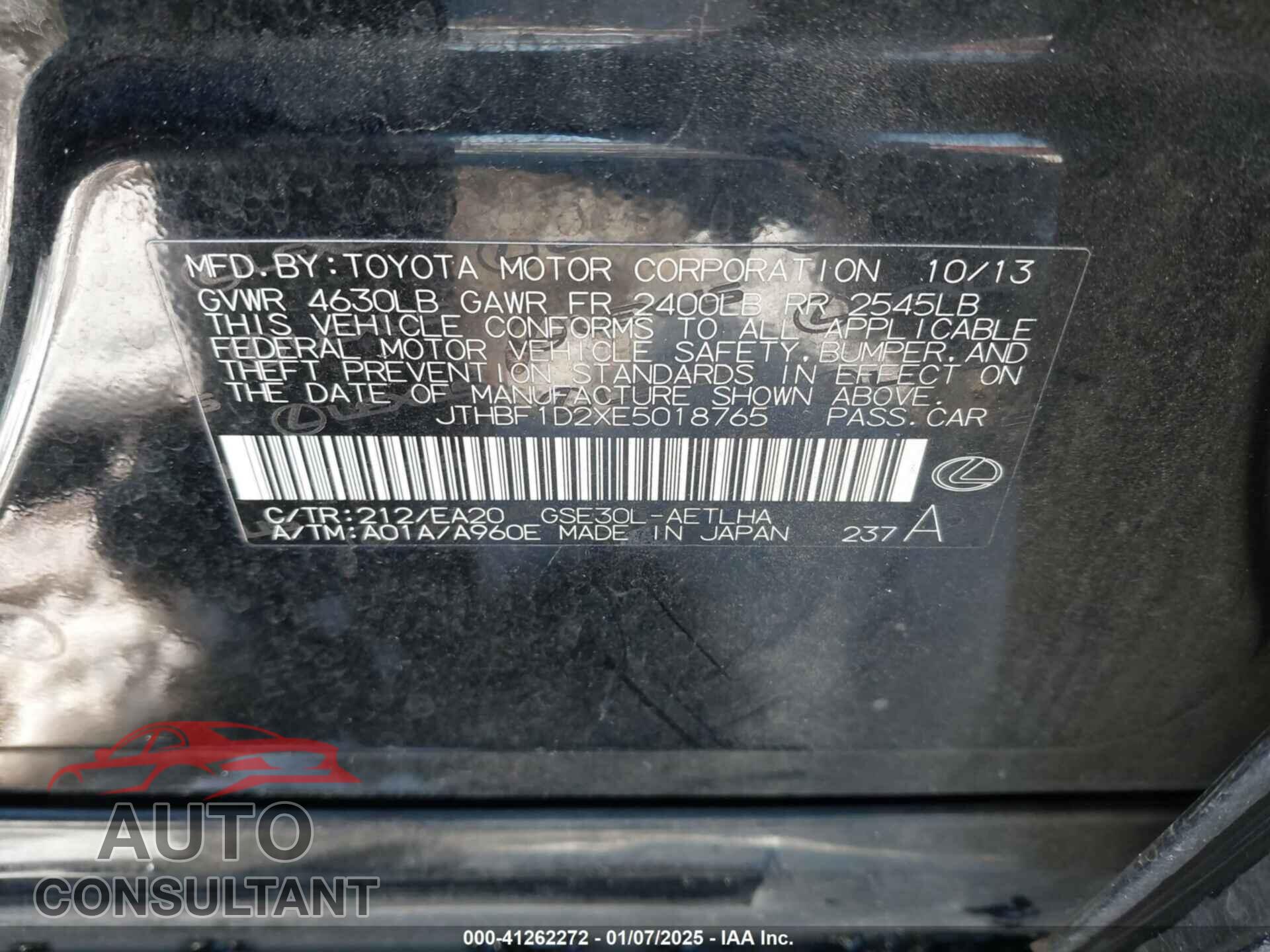 LEXUS IS 250 2014 - JTHBF1D2XE5018765