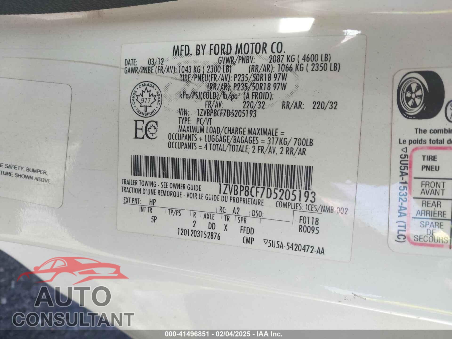 FORD MUSTANG 2013 - 1ZVBP8CF7D5205193