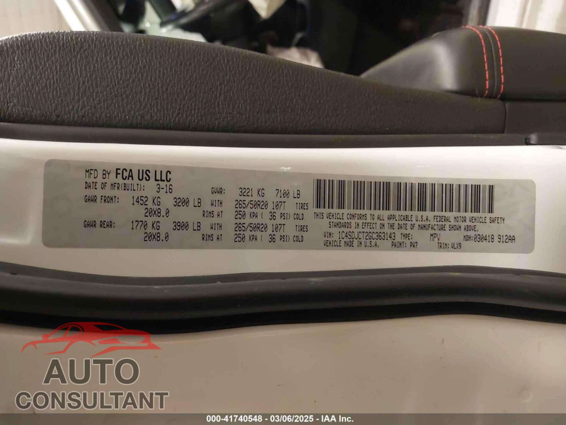 DODGE DURANGO 2016 - 1C4SDJCT2GC363143
