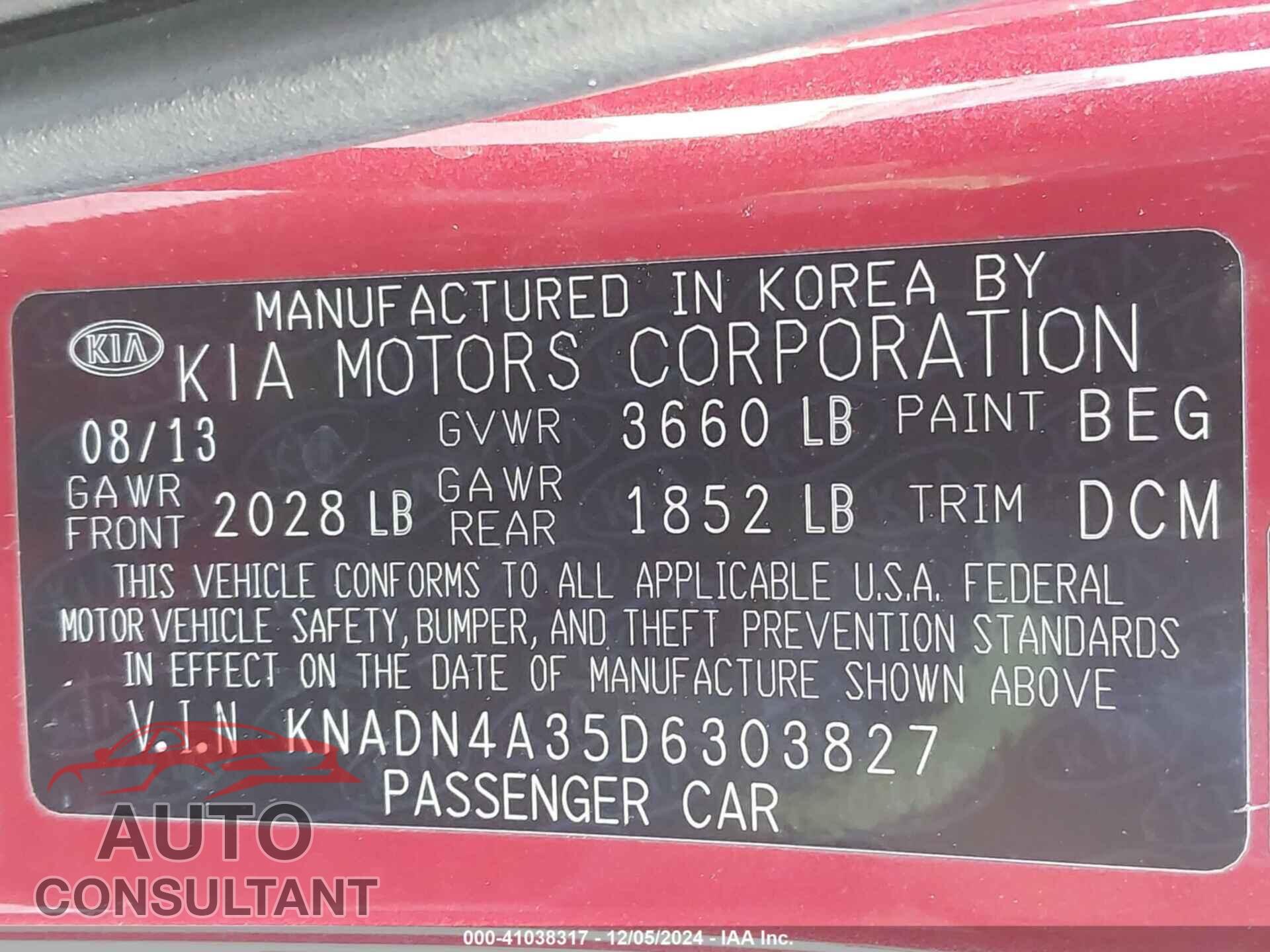 KIA RIO 2013 - KNADN4A35D6303827