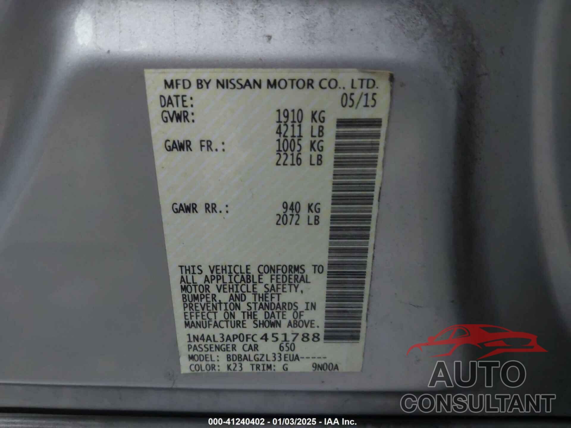 NISSAN ALTIMA 2015 - 1N4AL3AP0FC451788