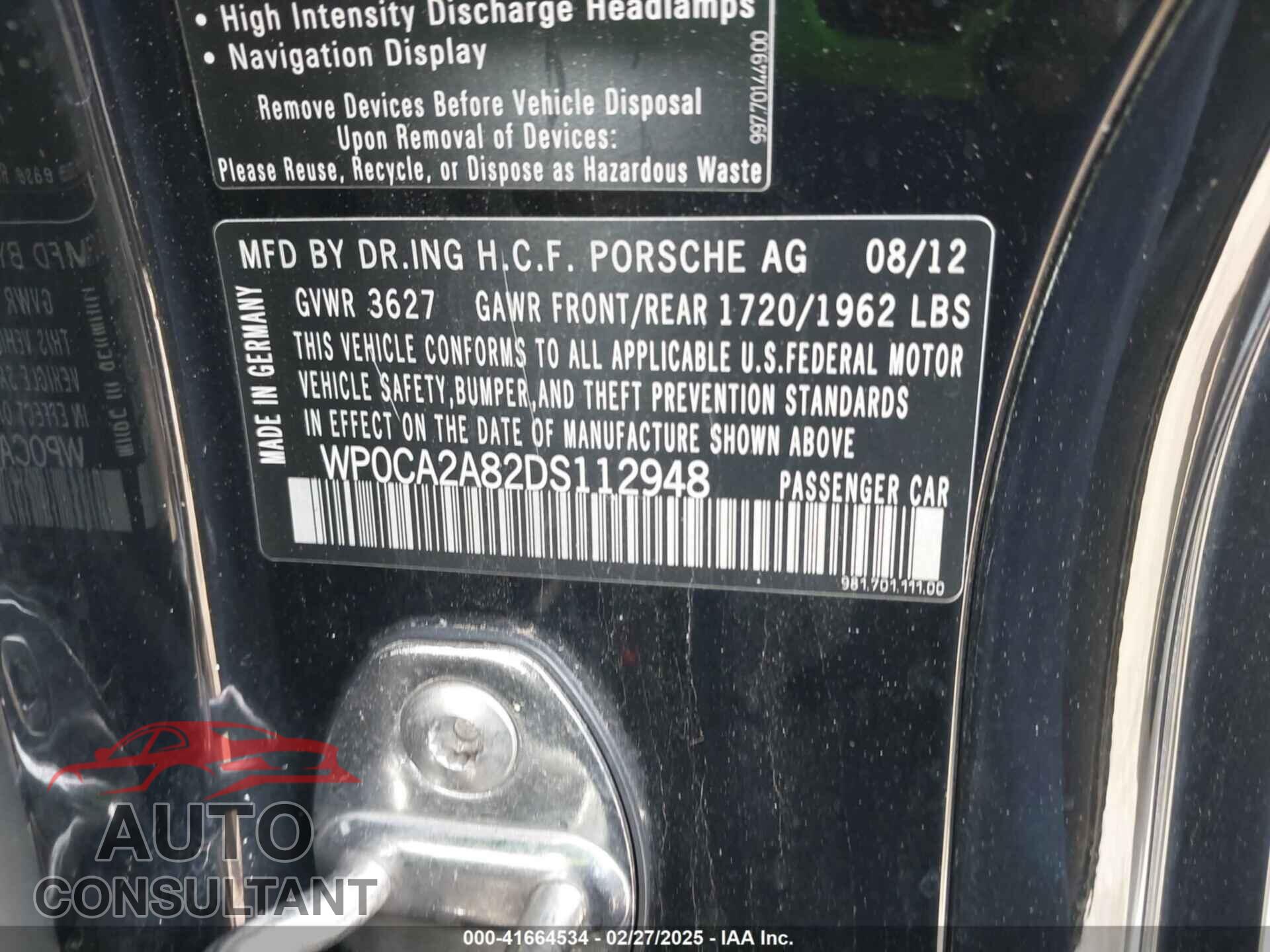 PORSCHE BOXSTER 2013 - WP0CA2A82DS112948