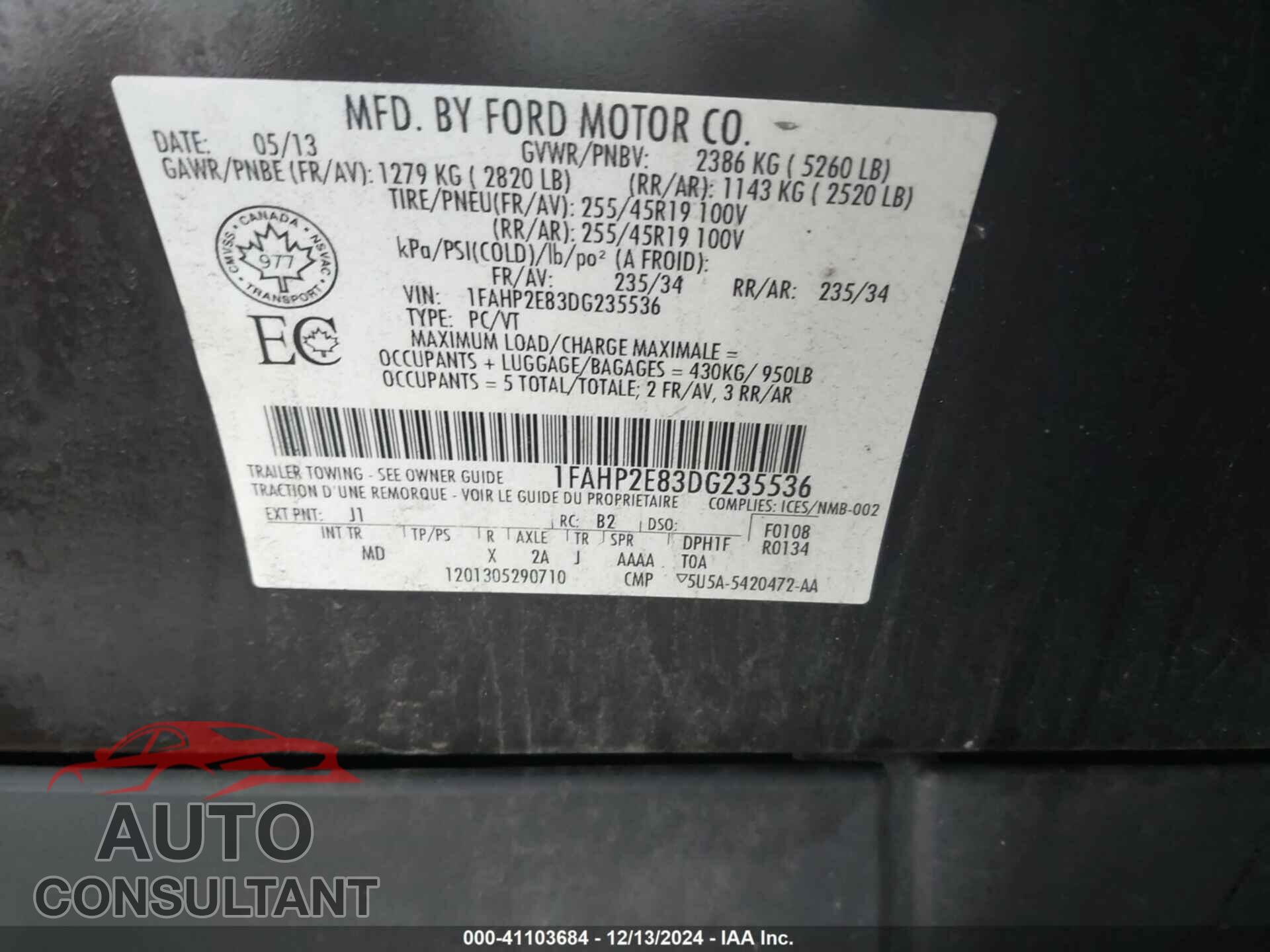 FORD TAURUS 2013 - 1FAHP2E83DG235536