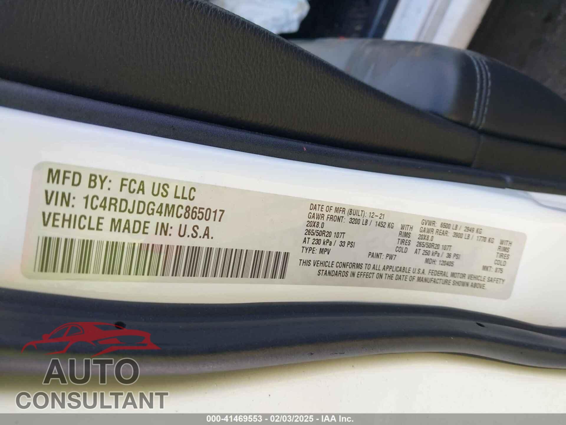 DODGE DURANGO 2021 - 1C4RDJDG4MC865017