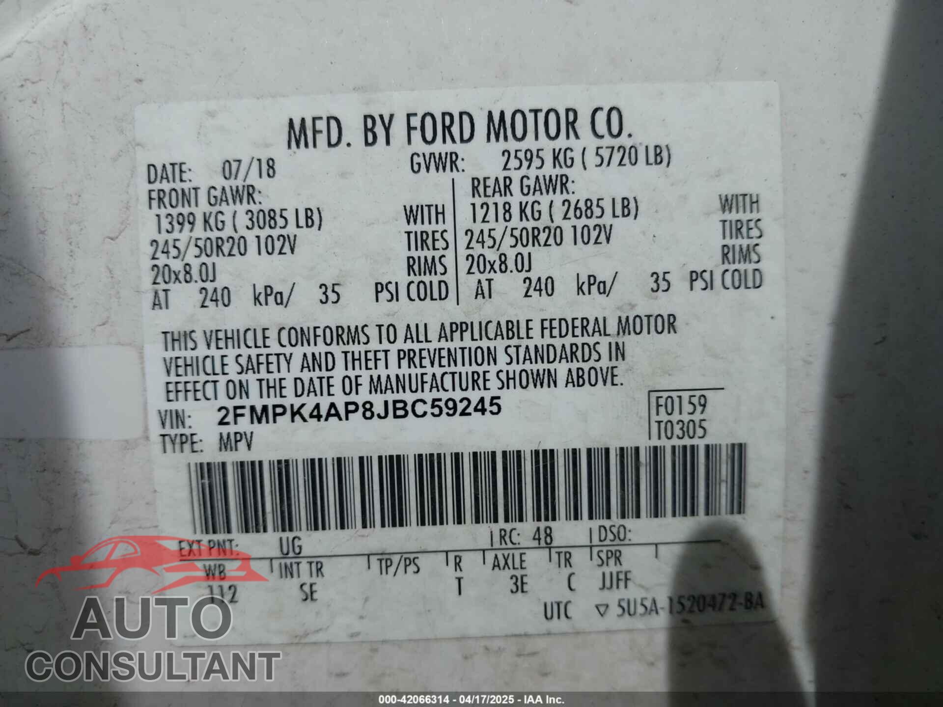 FORD EDGE 2018 - 2FMPK4AP8JBC59245