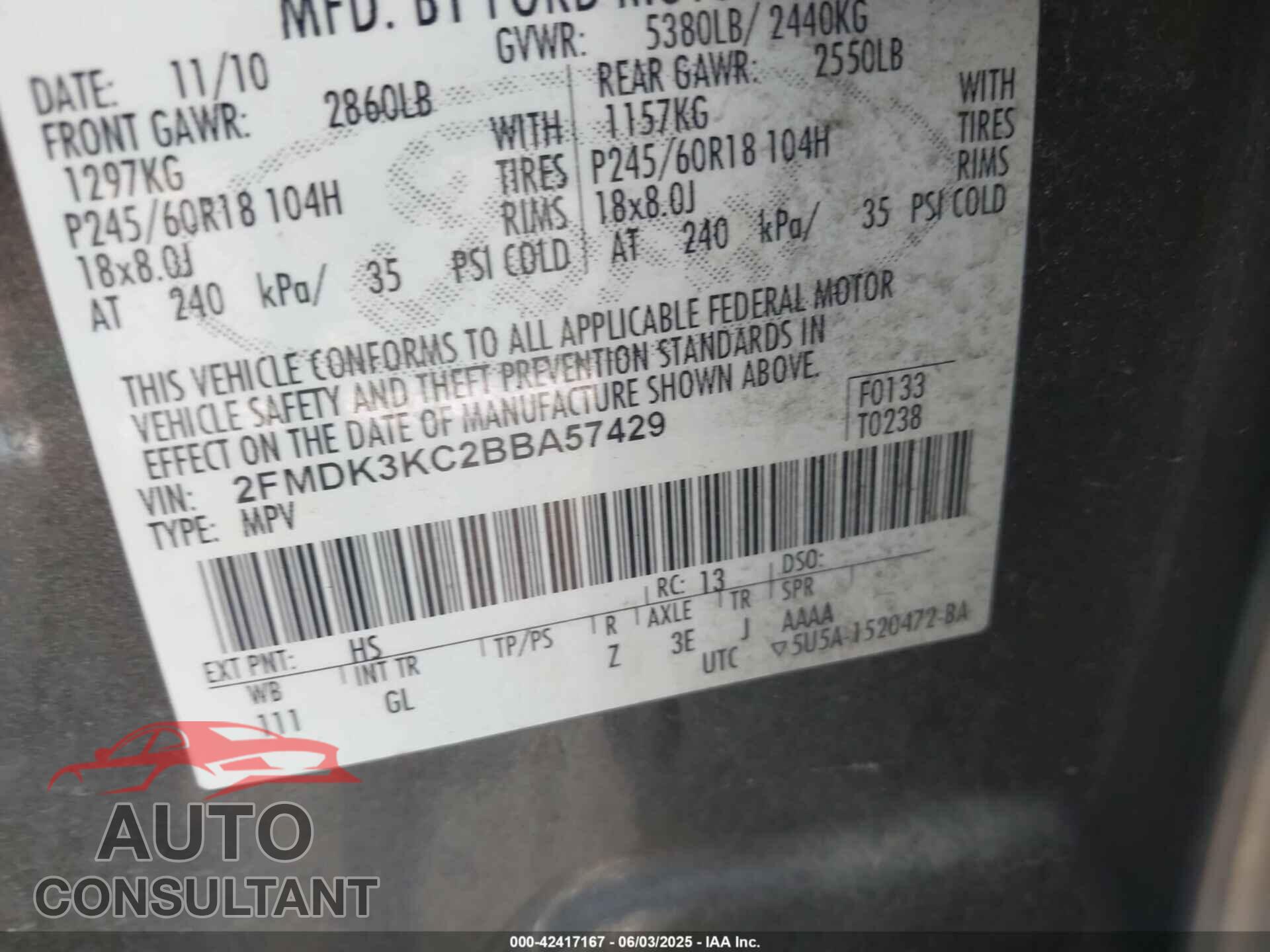FORD EDGE 2011 - 2FMDK3KC2BBA57429
