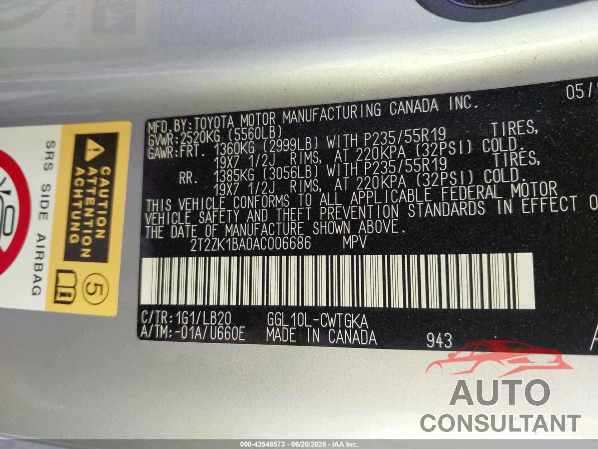 LEXUS RX 350 2010 - 2T2ZK1BA0AC006686
