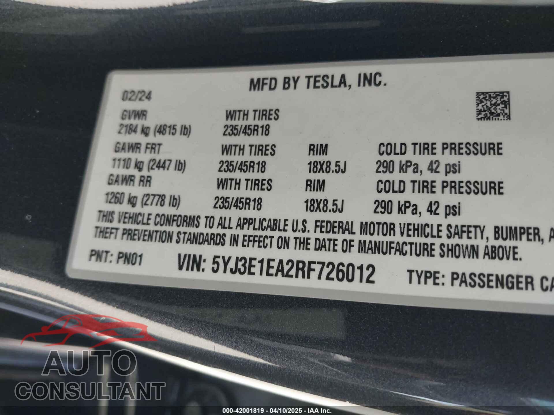 TESLA MODEL 3 2024 - 5YJ3E1EA2RF726012