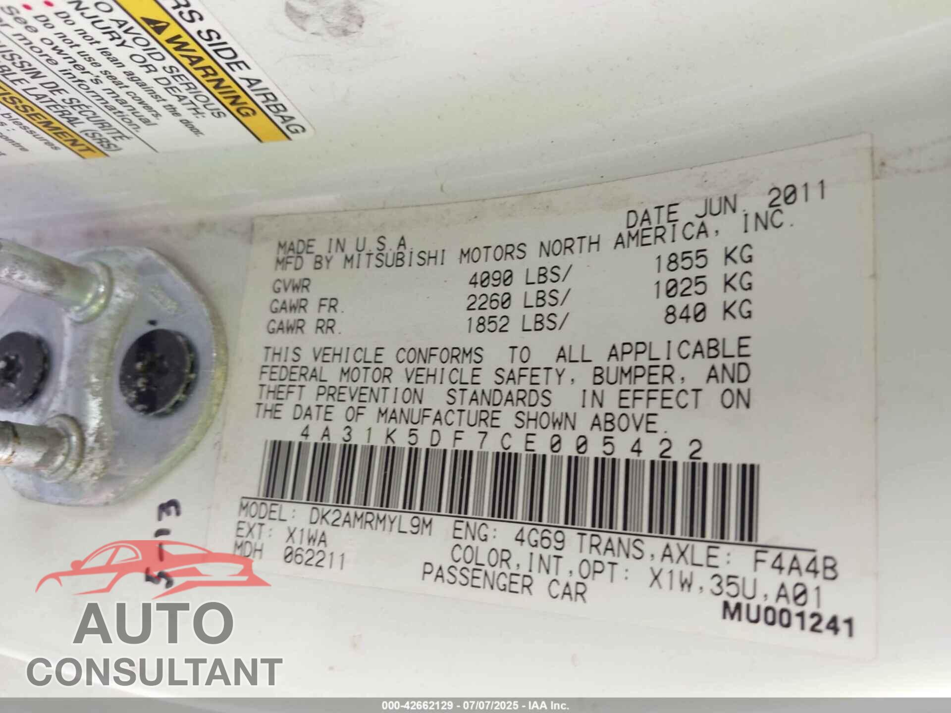 MITSUBISHI ECLIPSE 2012 - 4A31K5DF7CE005422