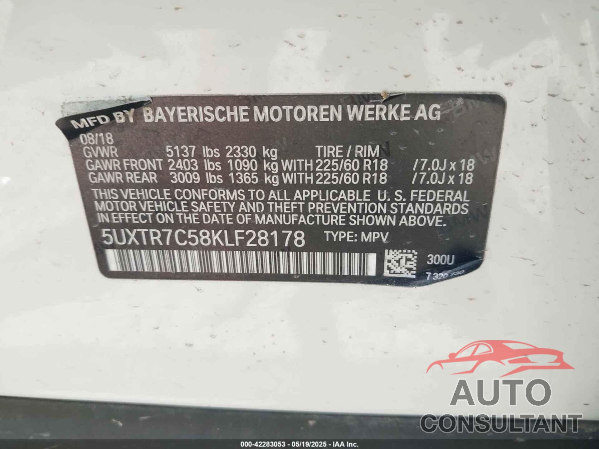 BMW X3 2019 - 5UXTR7C58KLF28178