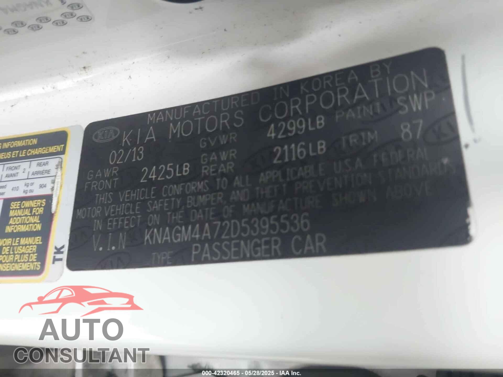 KIA OPTIMA 2013 - KNAGM4A72D5395536