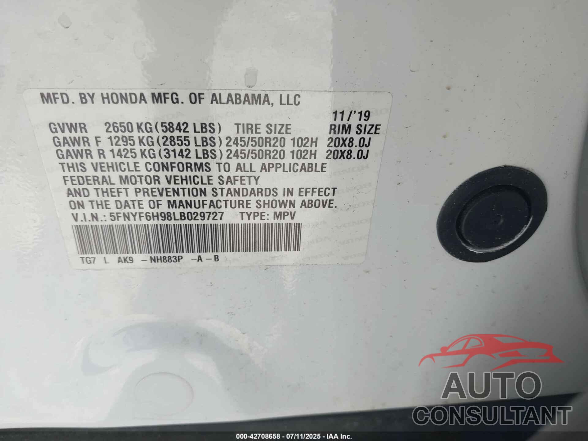 HONDA PILOT 2020 - 5FNYF6H98LB029727