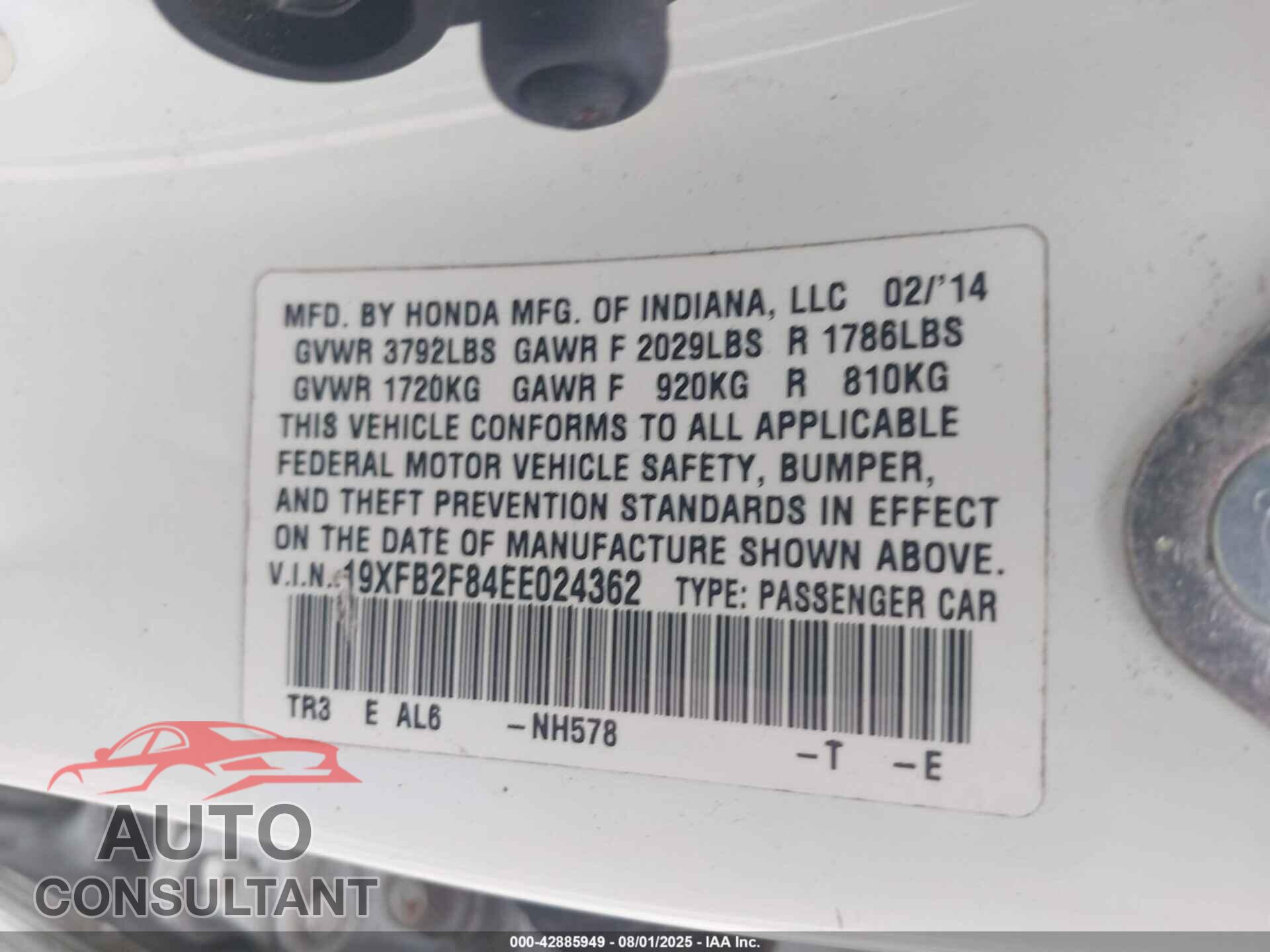 HONDA CIVIC 2014 - 19XFB2F84EE024362