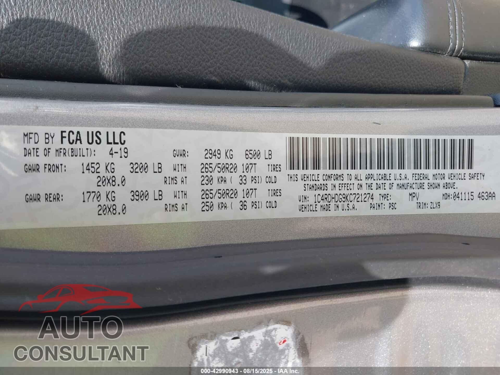 DODGE DURANGO 2019 - 1C4RDHDG9KC721274