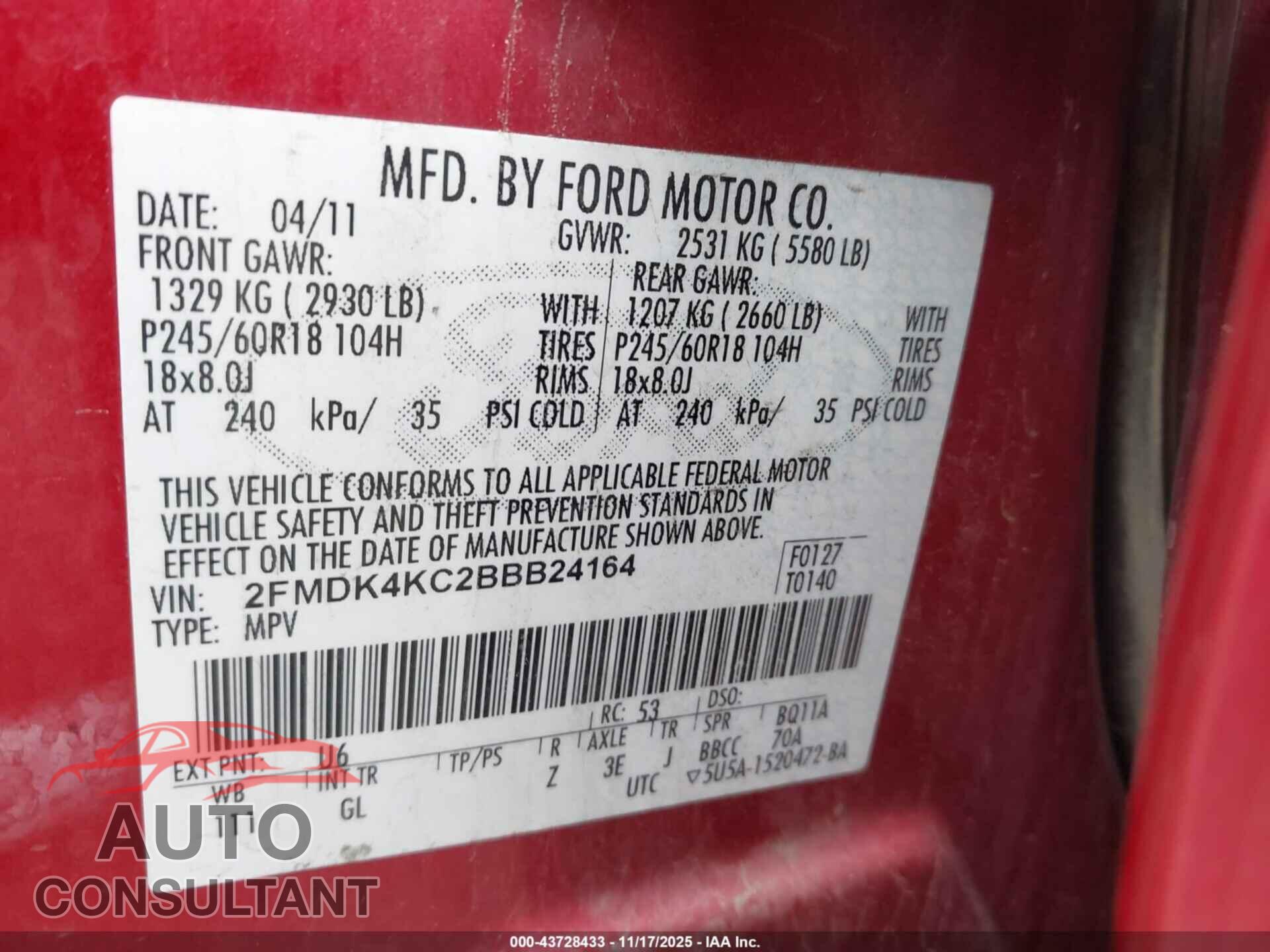 FORD EDGE 2011 - 2FMDK4KC2BBB24164