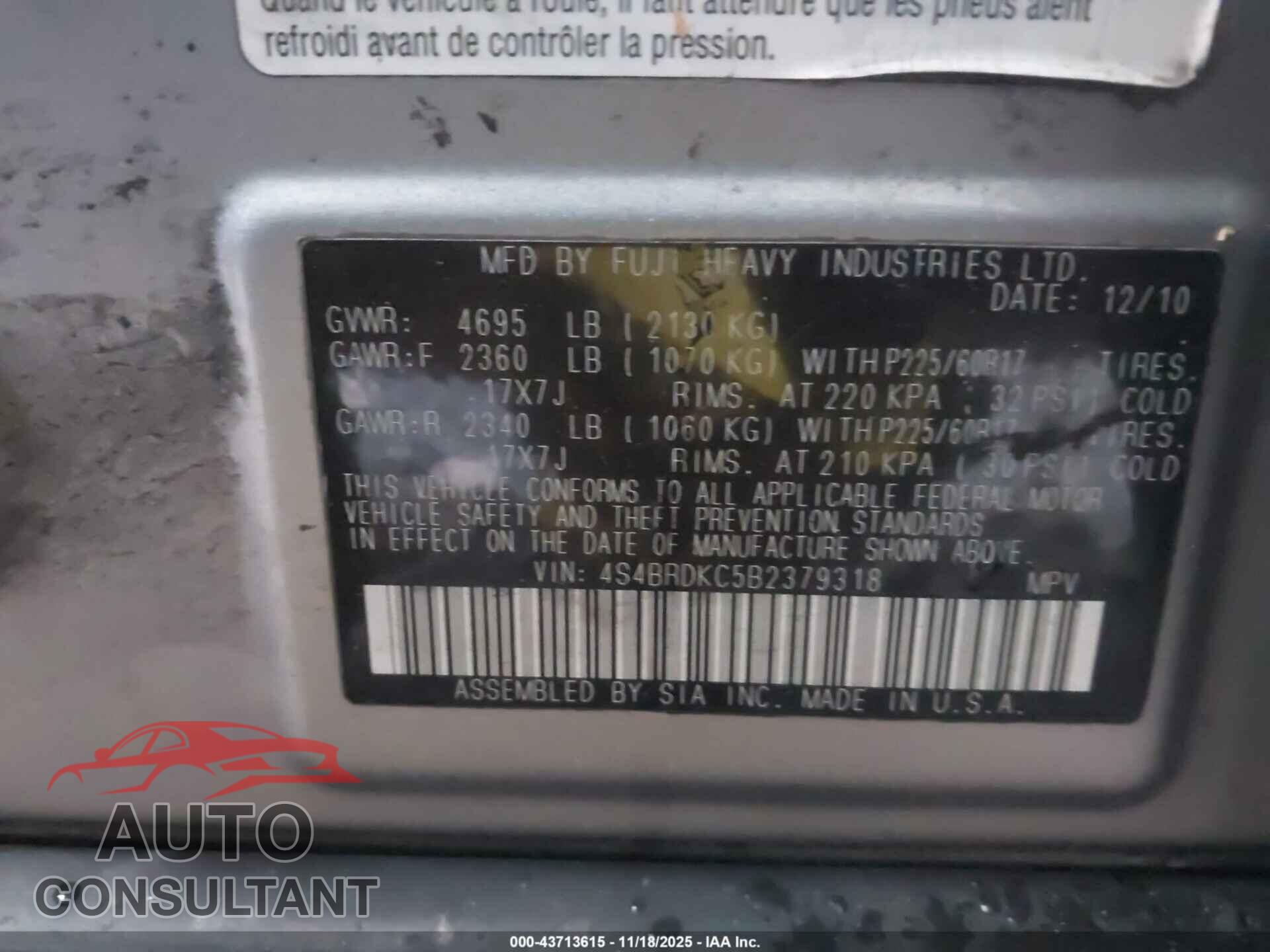 SUBARU OUTBACK 2011 - 4S4BRDKC5B2379318