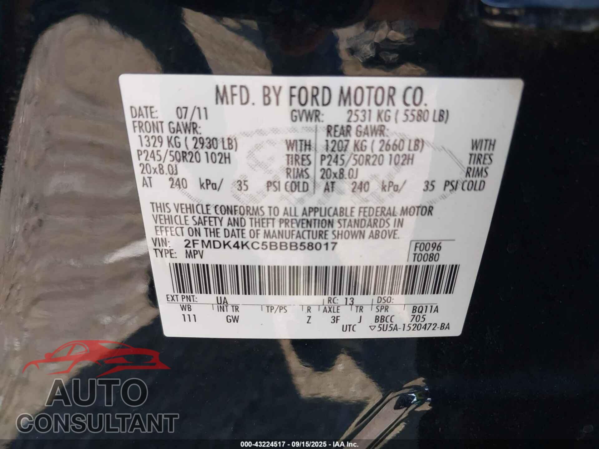 FORD EDGE 2011 - 2FMDK4KC5BBB58017