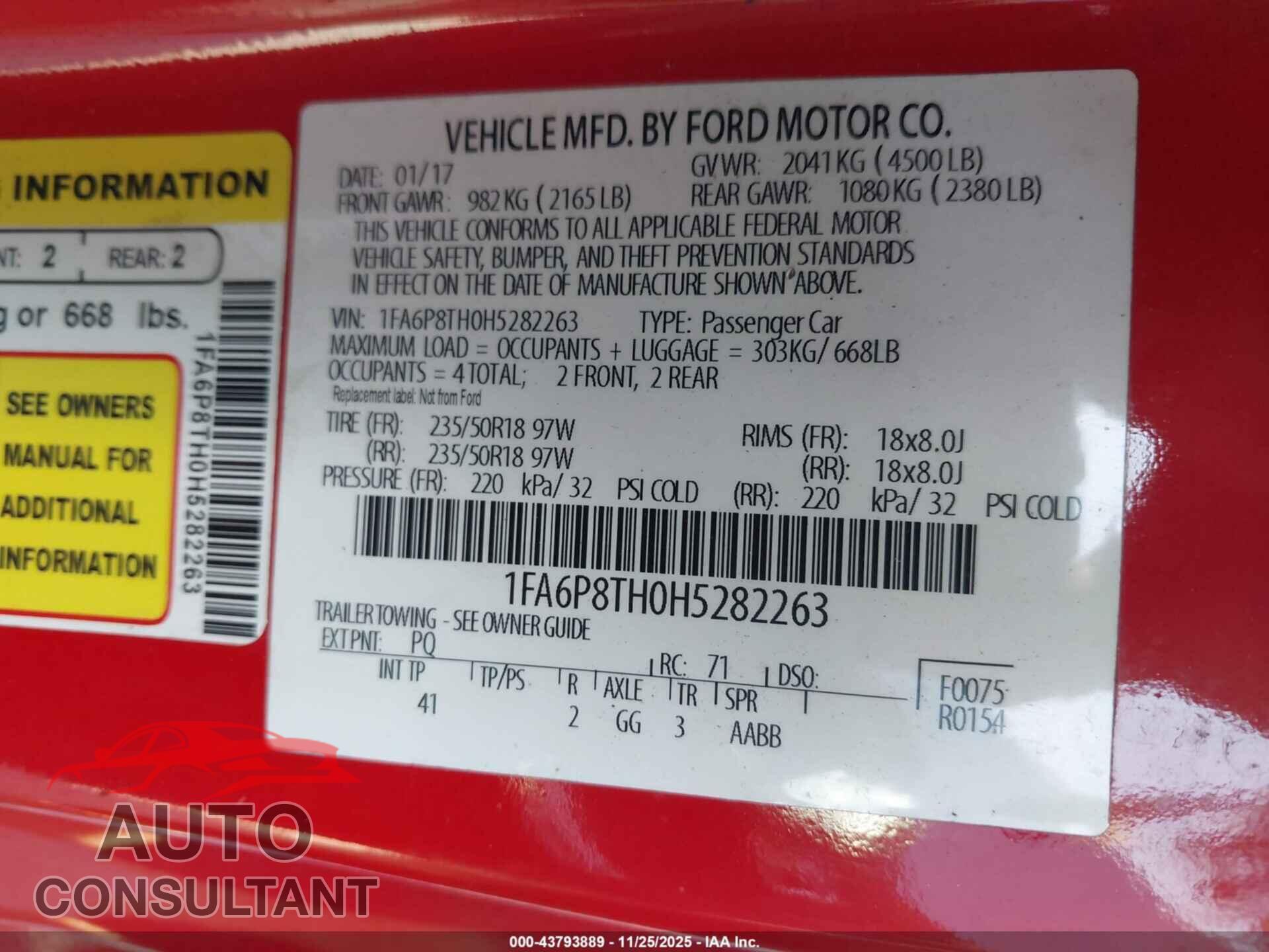 FORD MUSTANG 2017 - 1FA6P8TH0H5282263